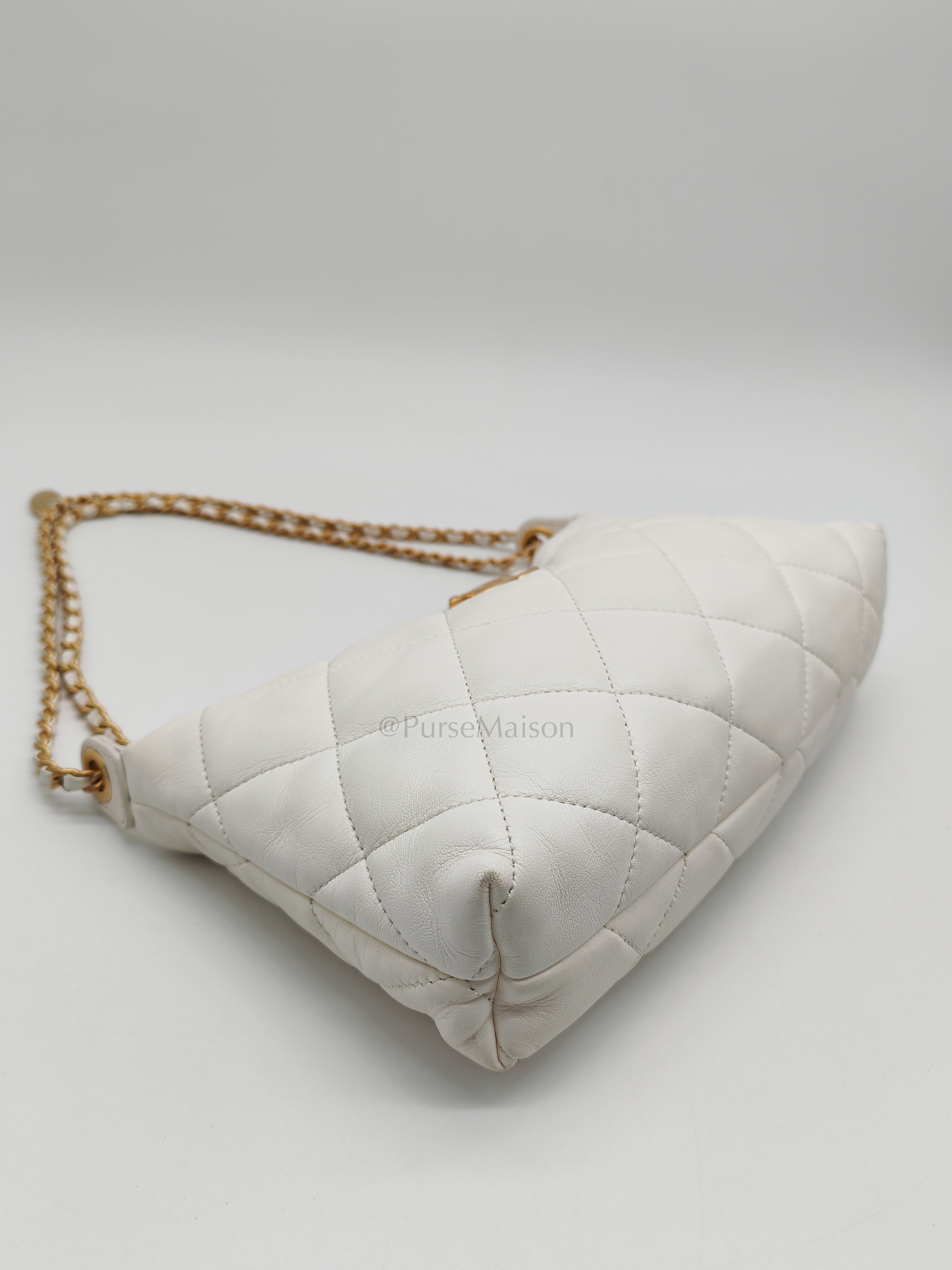 Hobo Bag in White Lambskin Leather and Aged Gold Hardware (Microchip)