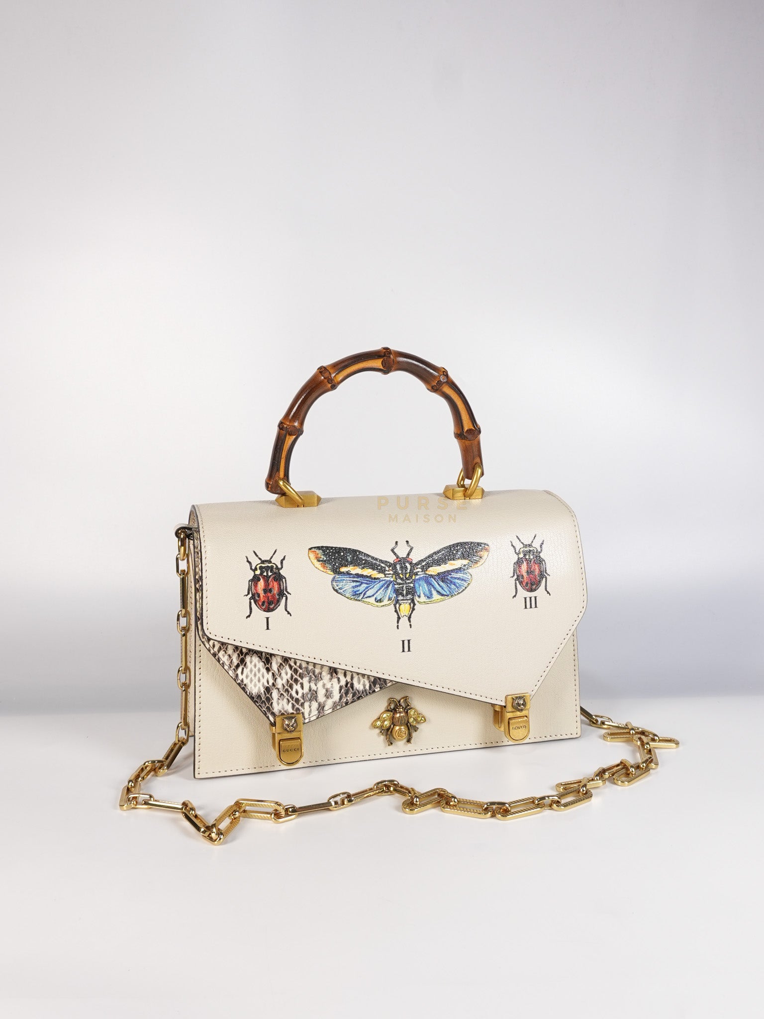 Ottilia Bee Printed Bamboo Top Handle Bag Small in Cream Leather and Snakeskin | Purse Maison Luxury Bags Shop