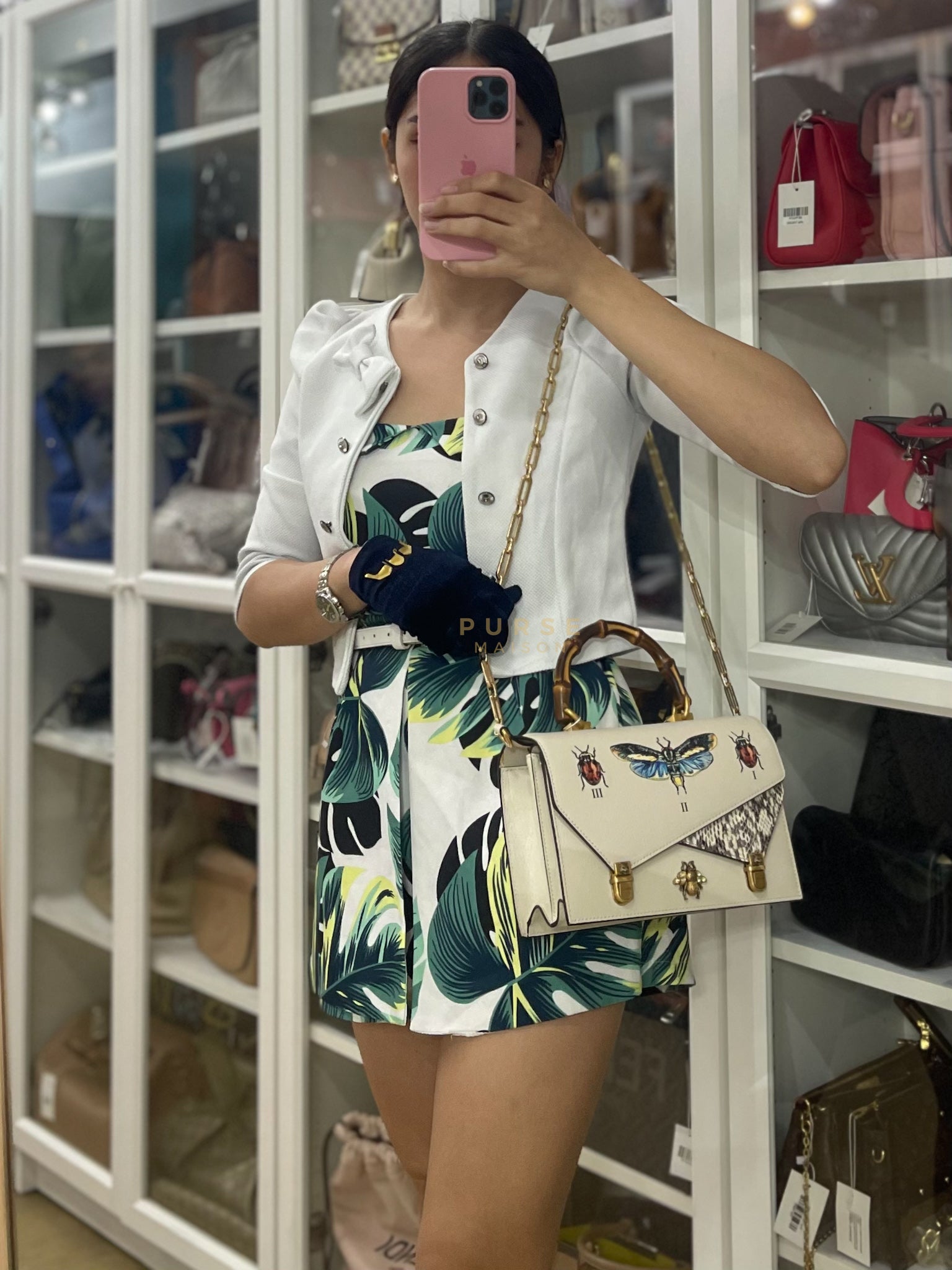 Ottilia Bee Printed Bamboo Top Handle Bag Small in Cream Leather and Snakeskin | Purse Maison Luxury Bags Shop