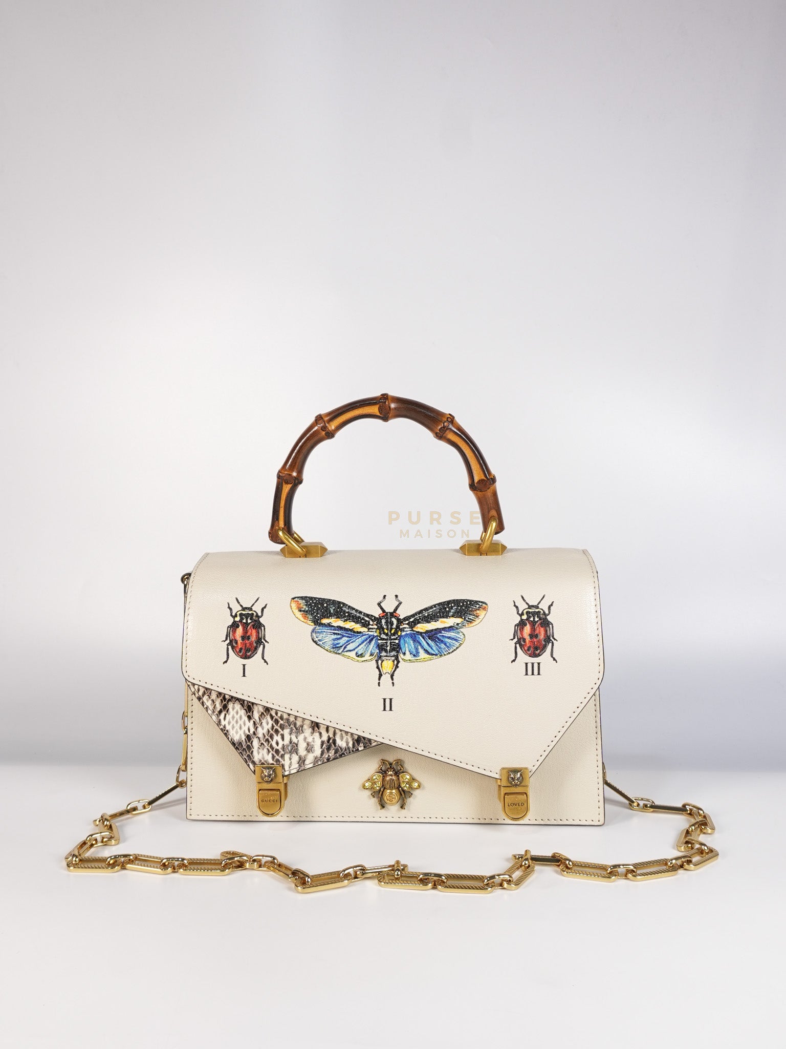 Ottilia Bee Printed Bamboo Top Handle Bag Small in Cream Leather and Snakeskin | Purse Maison Luxury Bags Shop