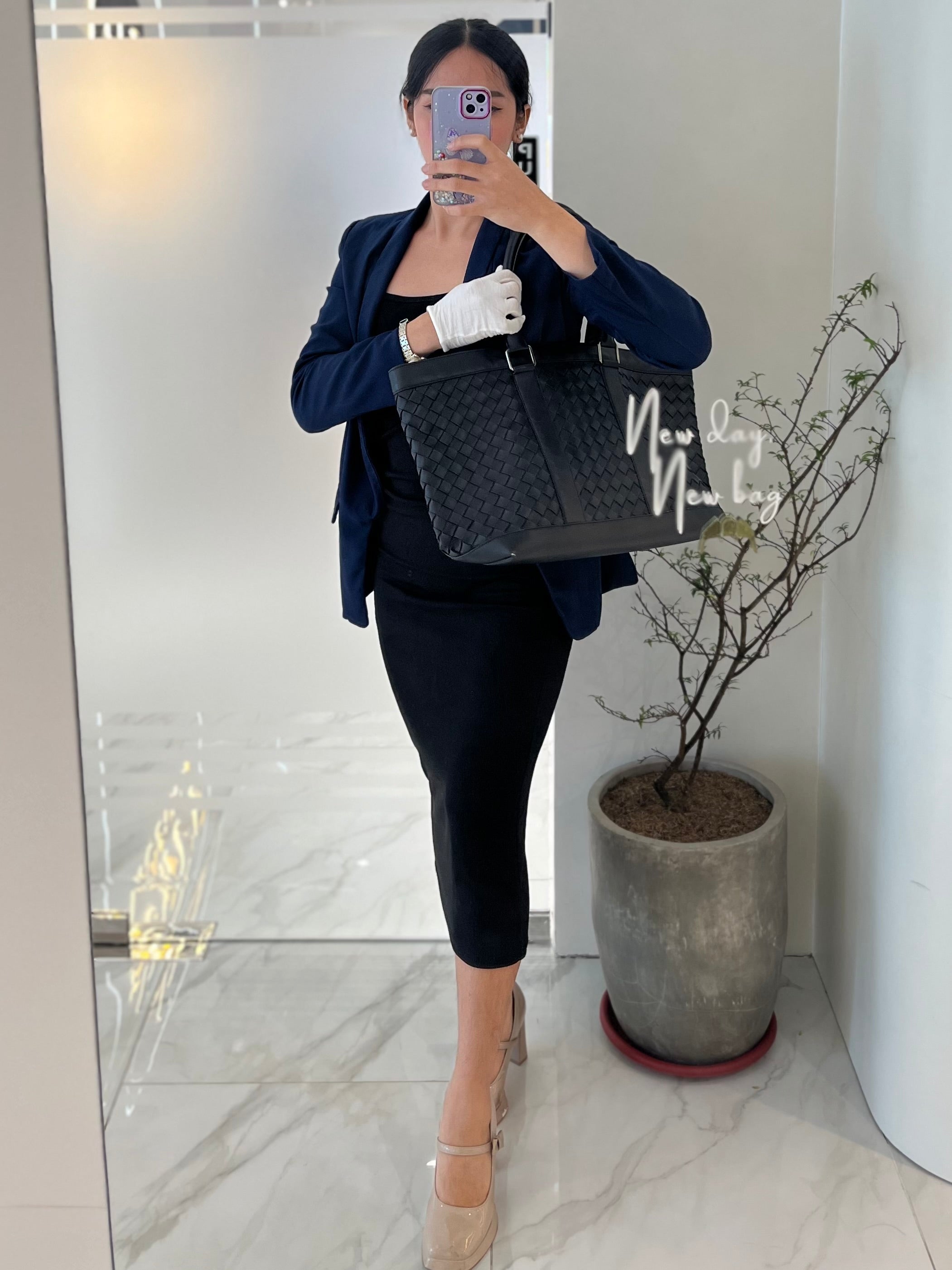 Overnight Tote in Black Nappa Intrecciato Leather | Purse Maison Luxury Bags Shop