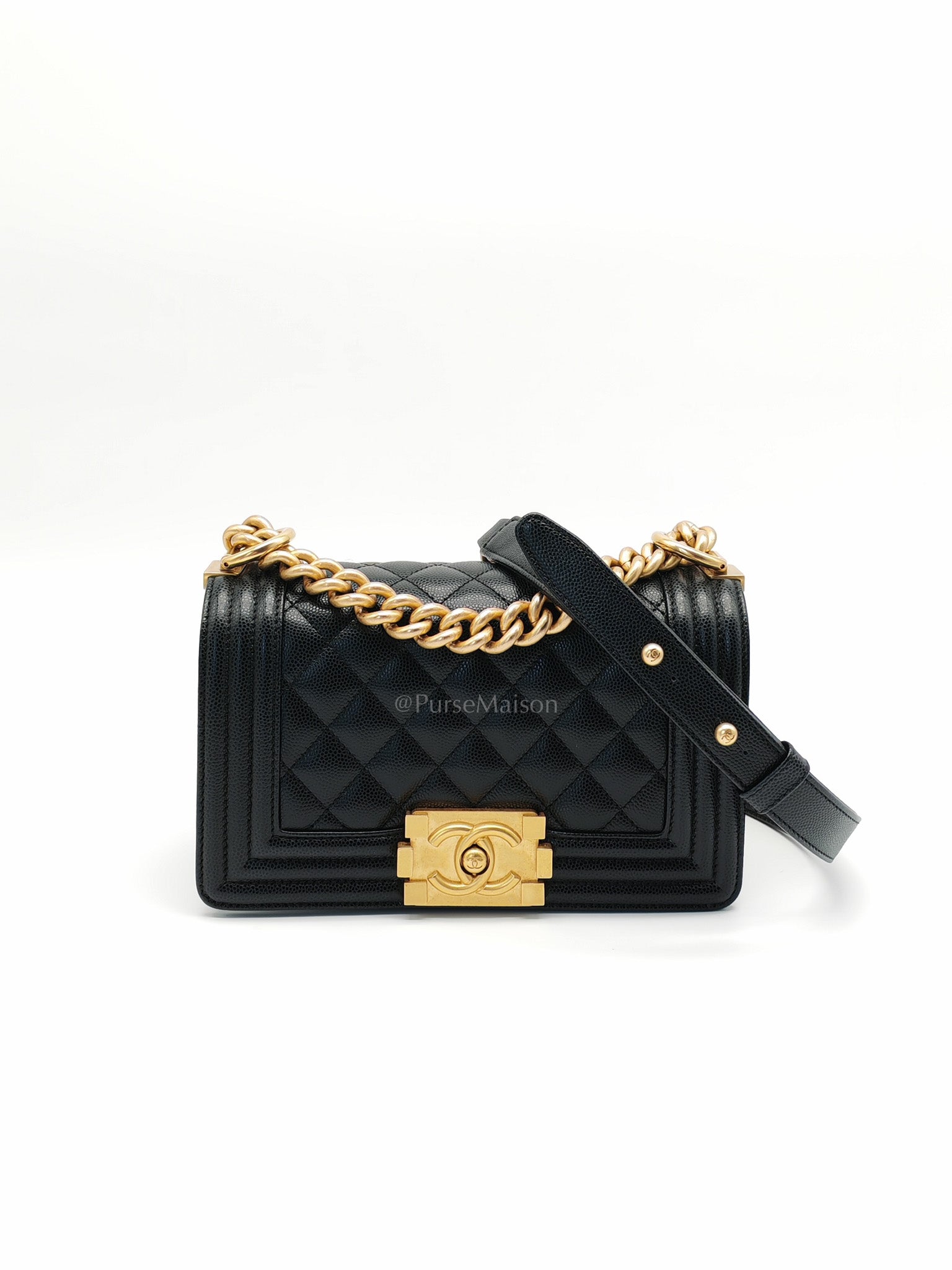 Boy Small in Black Quilted Caviar Leather and Aged Gold Hardware (Microchip)