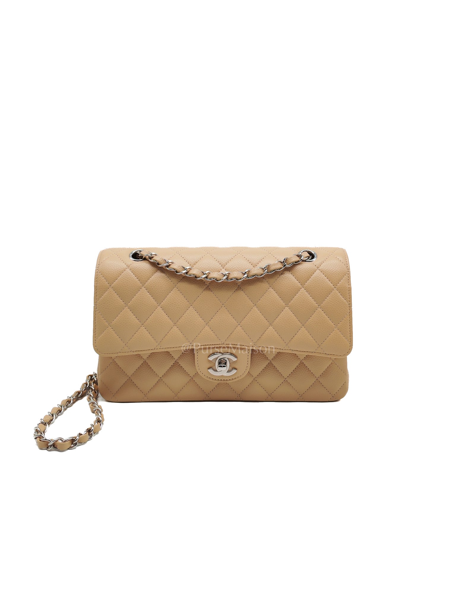 Classic Double Flap Medium in Beige Clair Quilted Caviar Leather & Silver Hardware Microchip