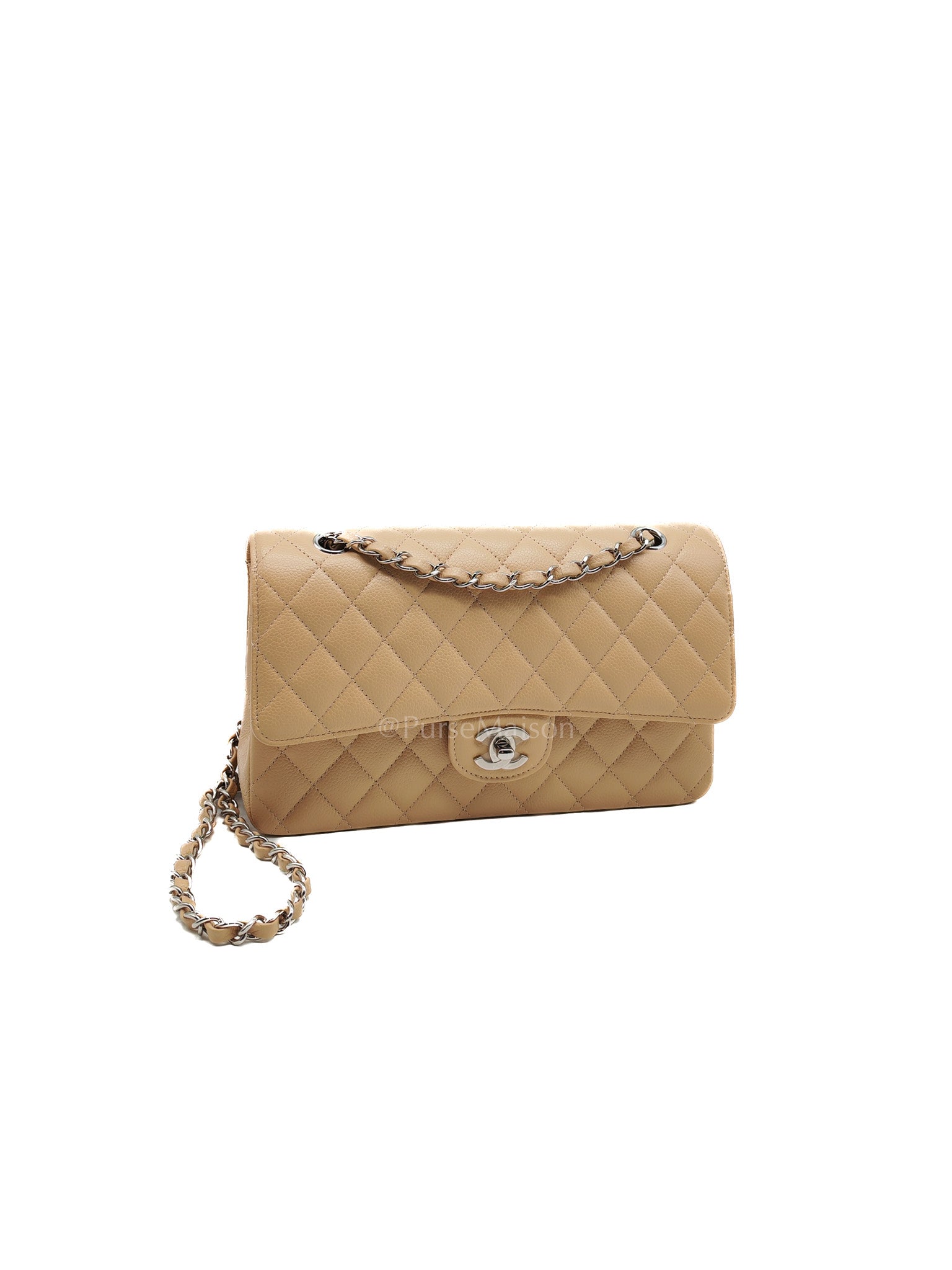 Classic Double Flap Medium in Beige Clair Quilted Caviar Leather & Silver Hardware Microchip