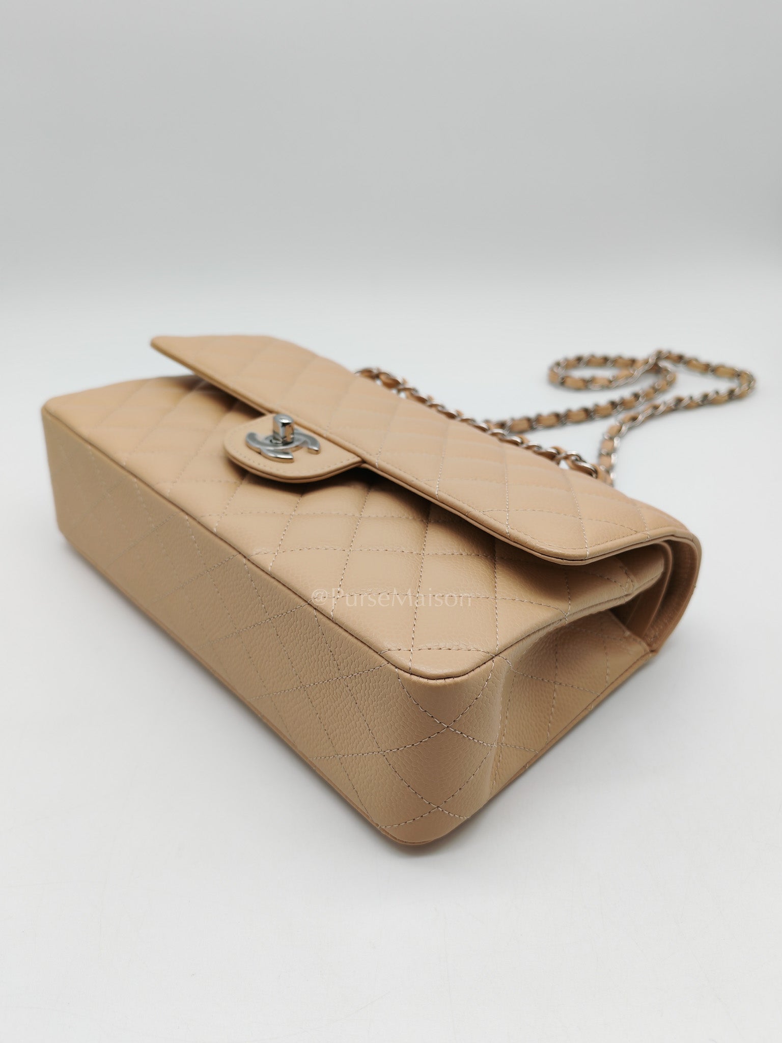 Classic Double Flap Medium in Beige Clair Quilted Caviar Leather & Silver Hardware Microchip