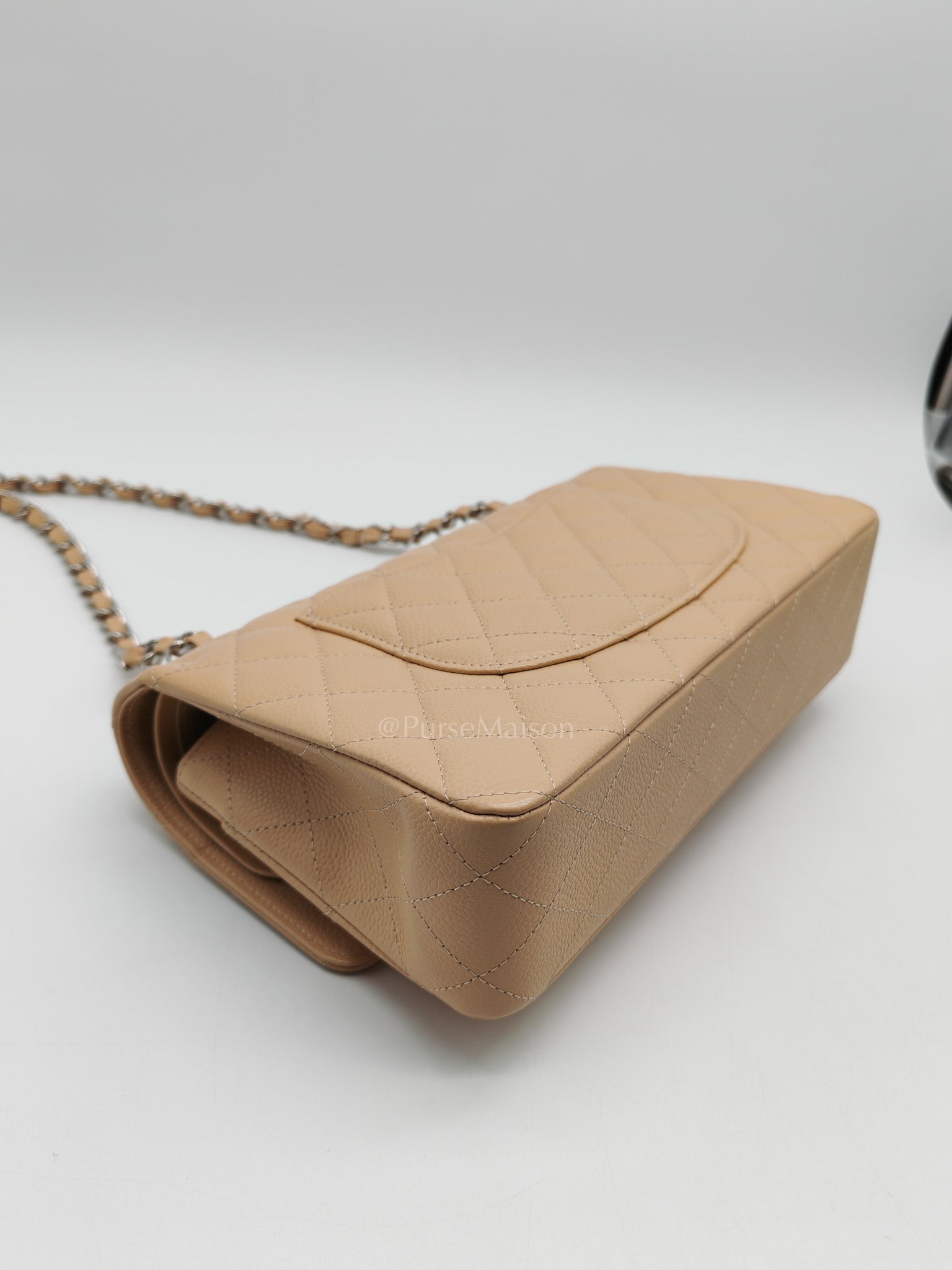 Classic Double Flap Medium in Beige Clair Quilted Caviar Leather & Silver Hardware Microchip
