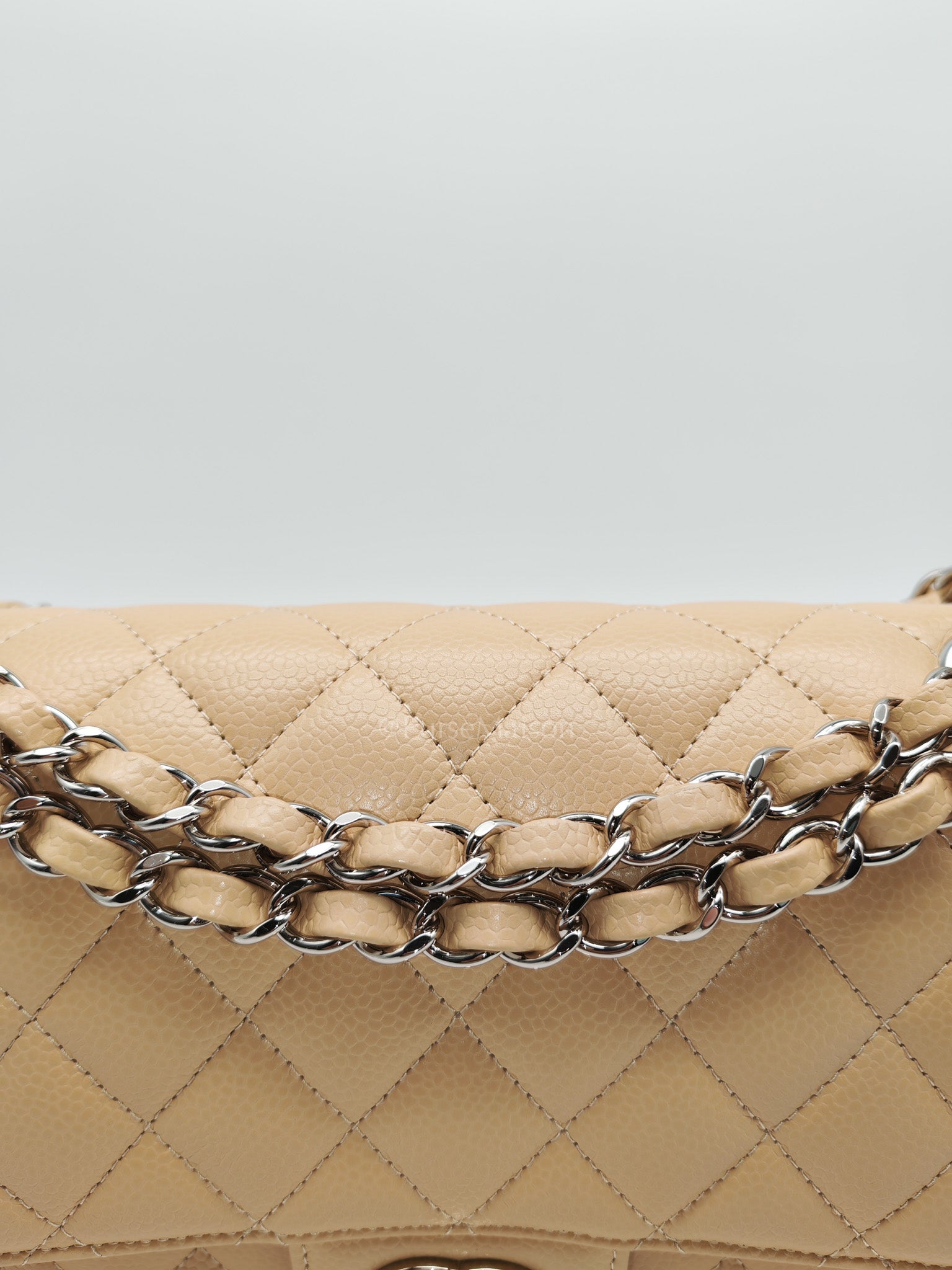 Classic Double Flap Medium in Beige Clair Quilted Caviar Leather & Silver Hardware Microchip