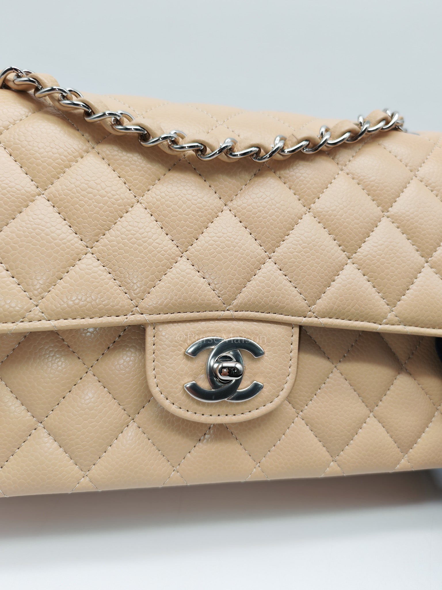 Classic Double Flap Medium in Beige Clair Quilted Caviar Leather & Silver Hardware Microchip