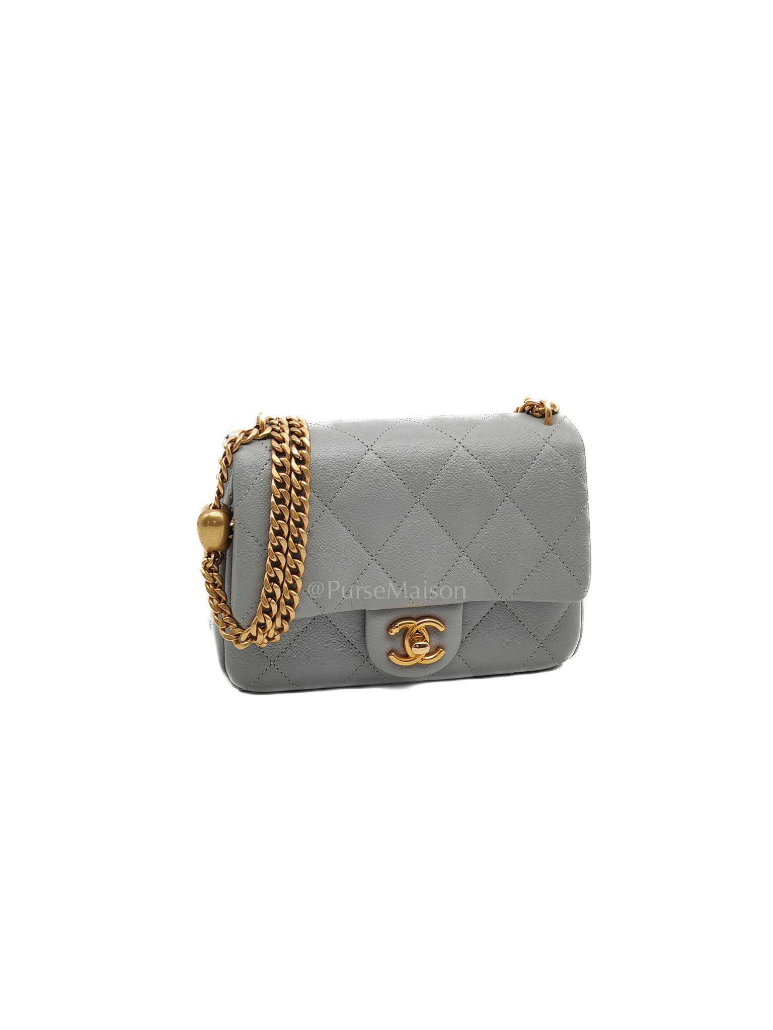24P Mini Flap Bag Sweetheart Rush in Gray Quilted Caviar Leather & Aged Gold Hardware Microchip