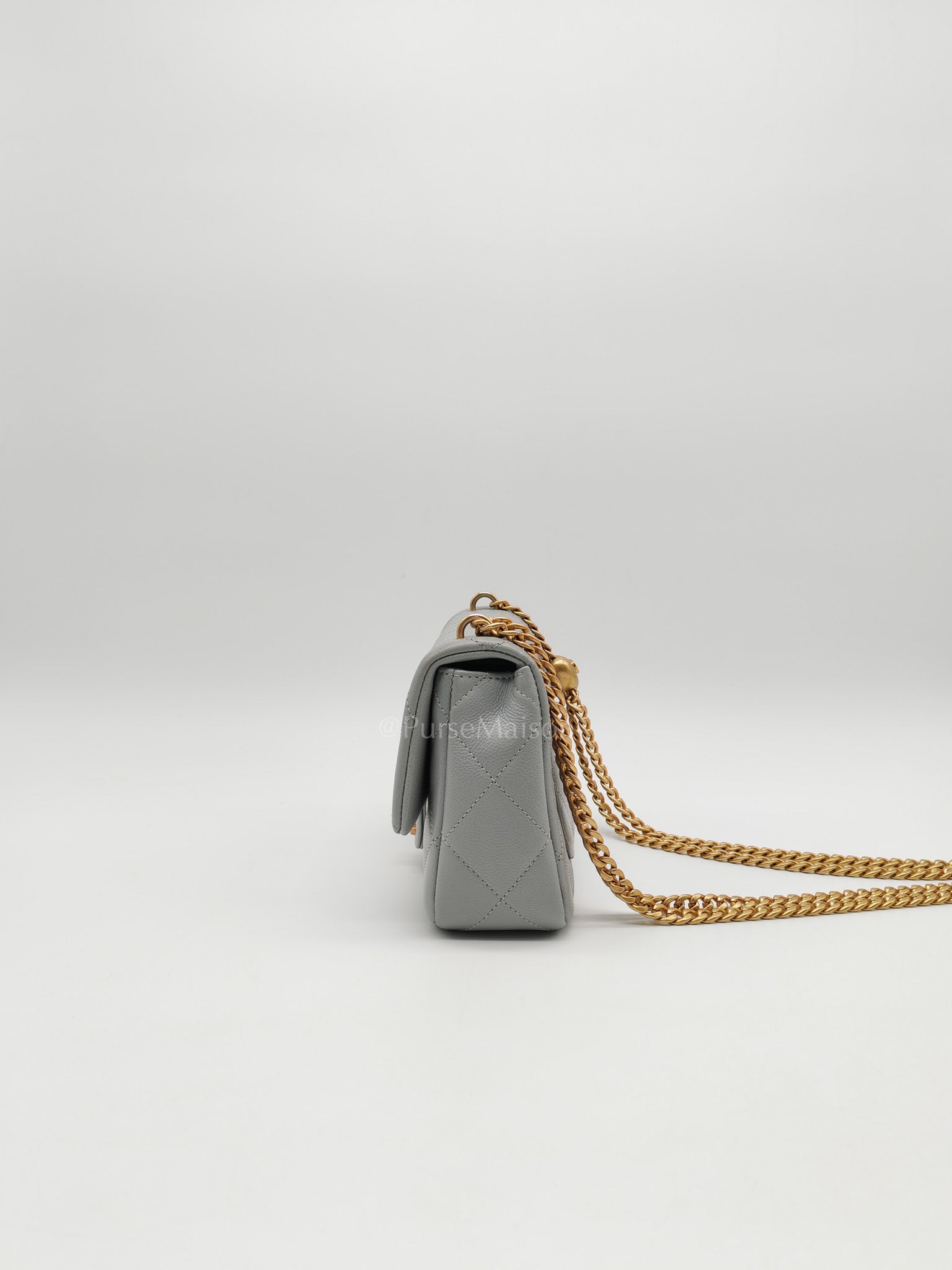 24P Mini Flap Bag Sweetheart Rush in Gray Quilted Caviar Leather & Aged Gold Hardware Microchip