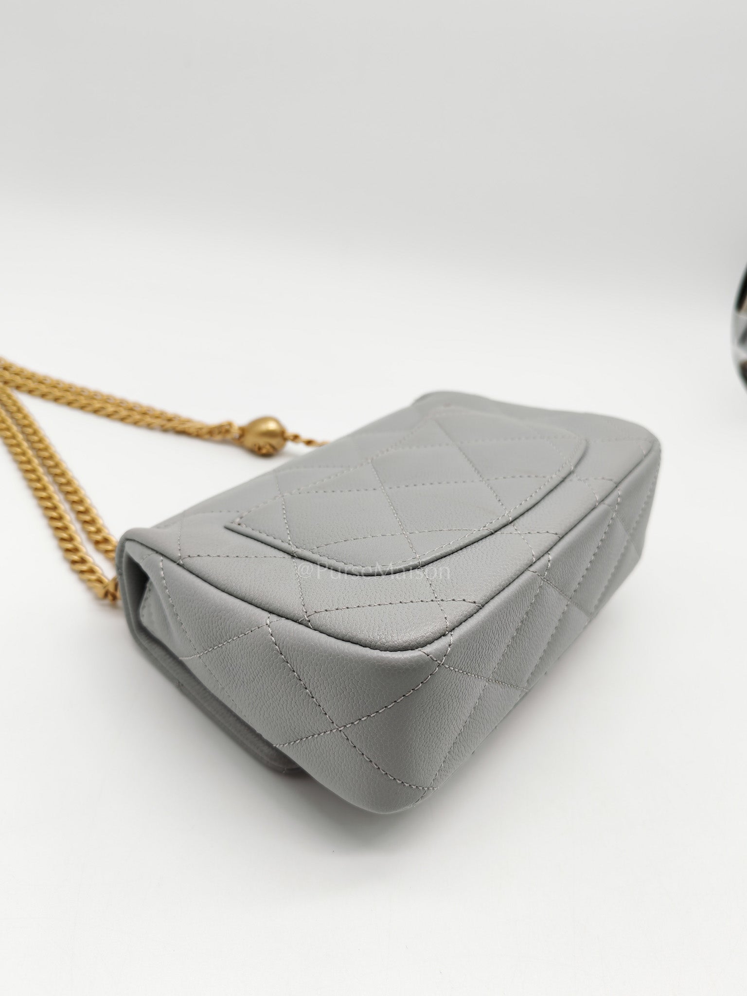 24P Mini Flap Bag Sweetheart Rush in Gray Quilted Caviar Leather & Aged Gold Hardware Microchip