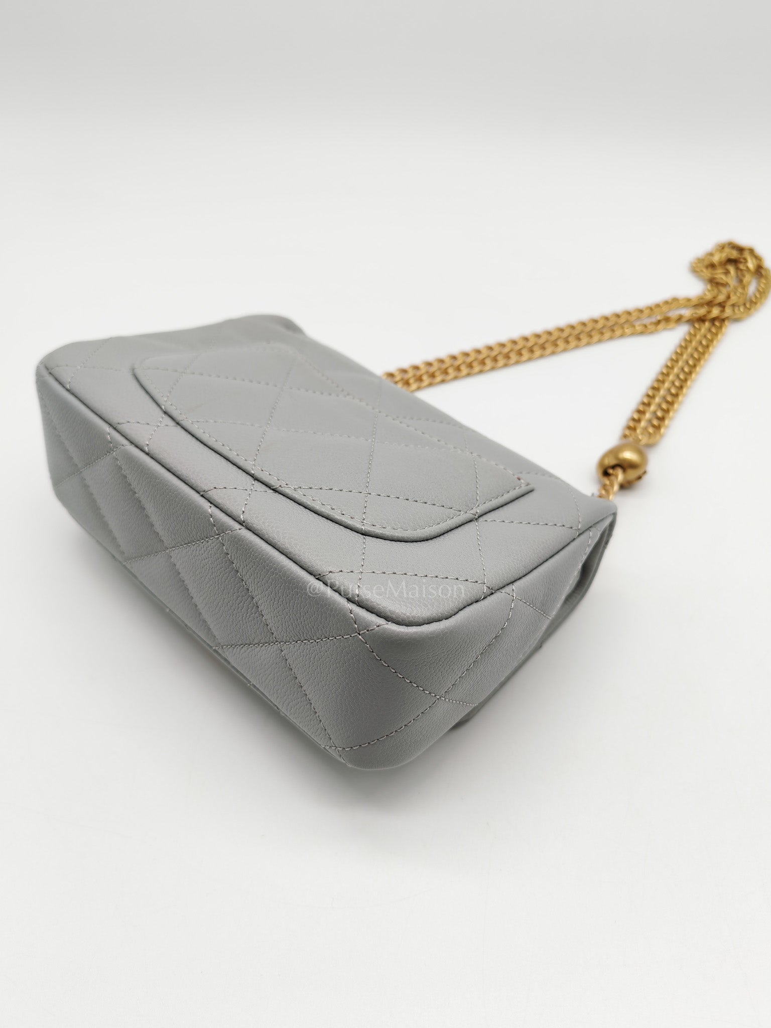 24P Mini Flap Bag Sweetheart Rush in Gray Quilted Caviar Leather & Aged Gold Hardware Microchip