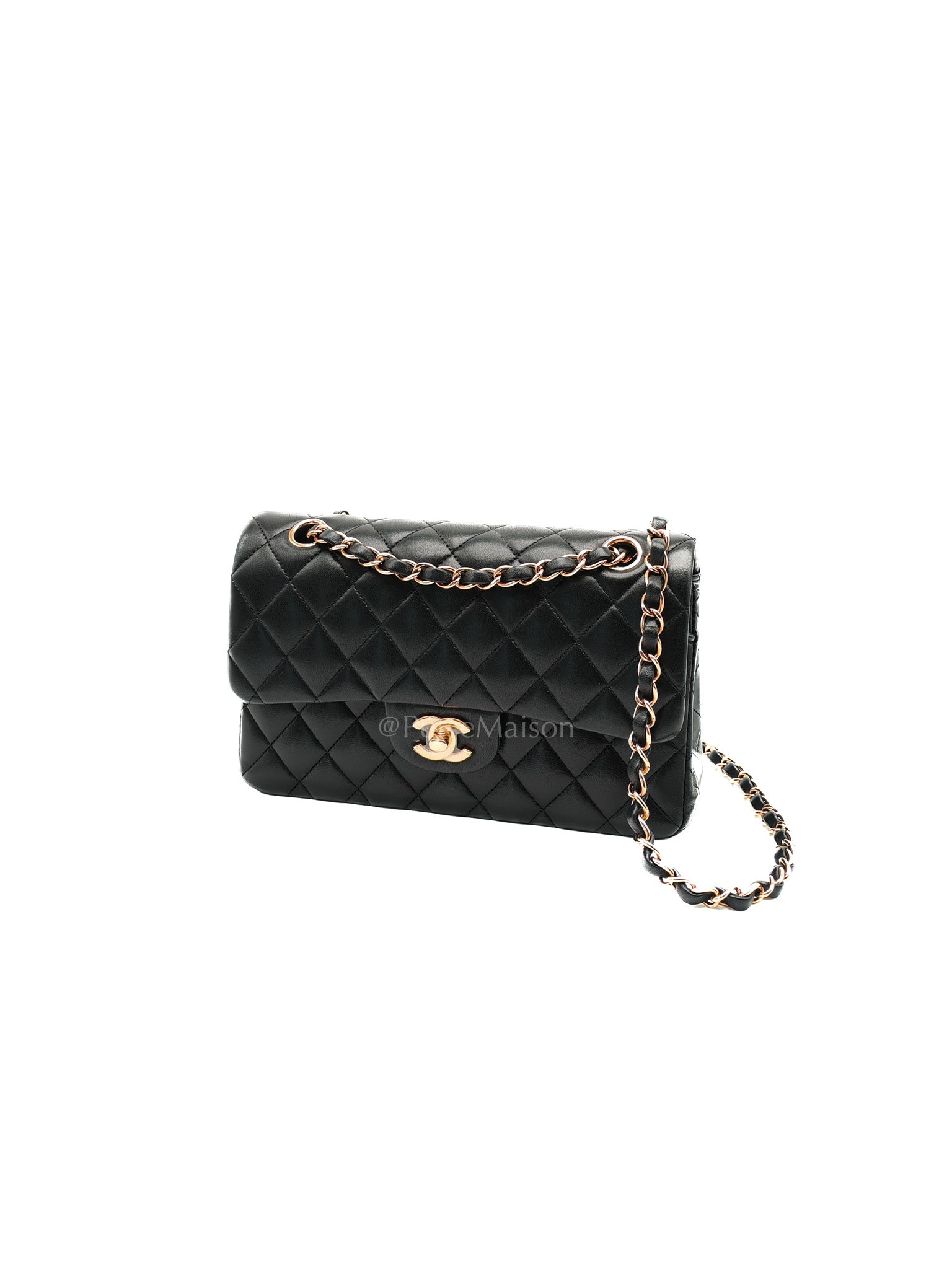 Classic Double Flap Small in Black Quilted Lambskin Leather & Rose Gold Hardware Microchip