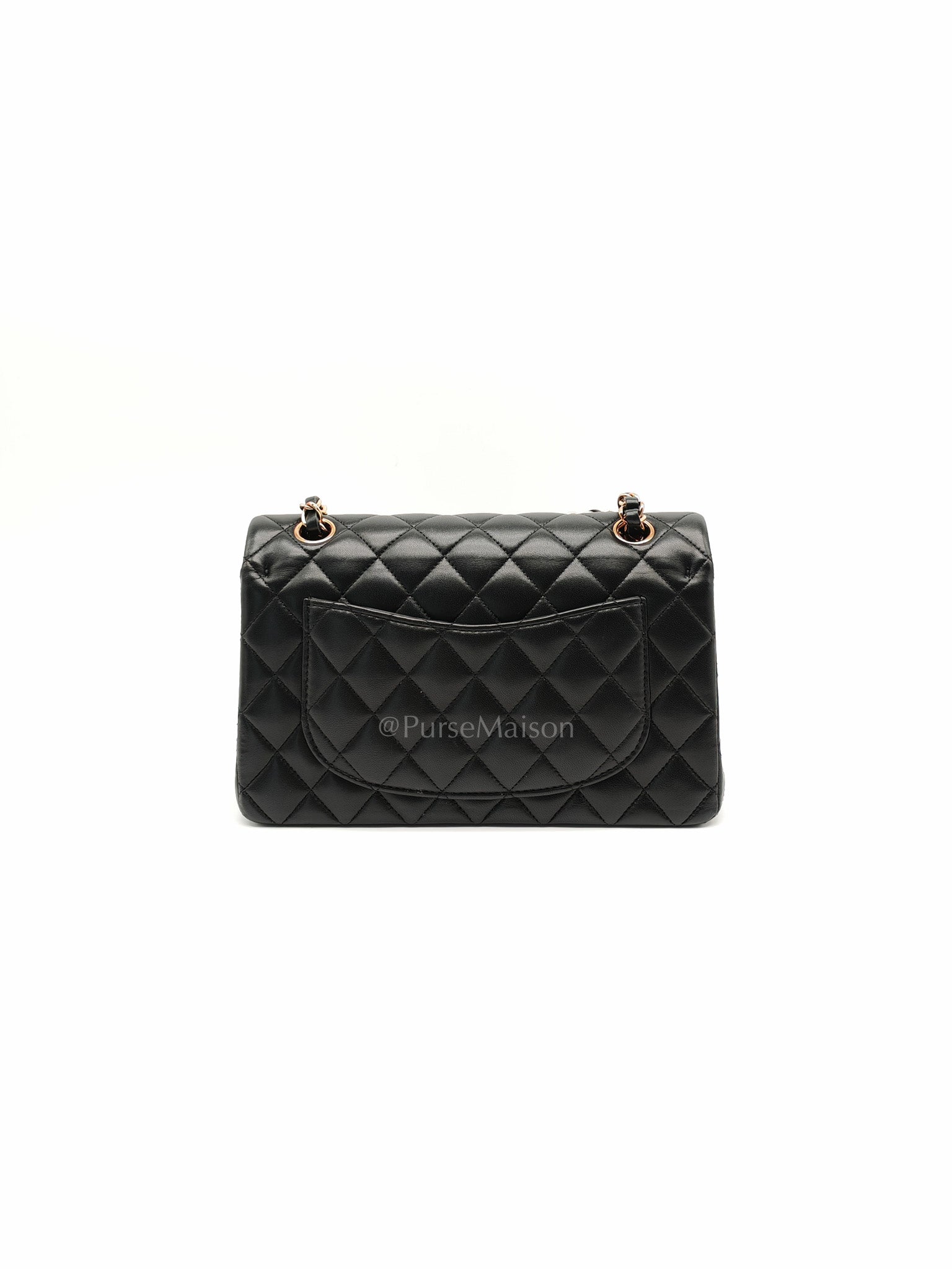 Classic Double Flap Small in Black Quilted Lambskin Leather & Rose Gold Hardware Microchip