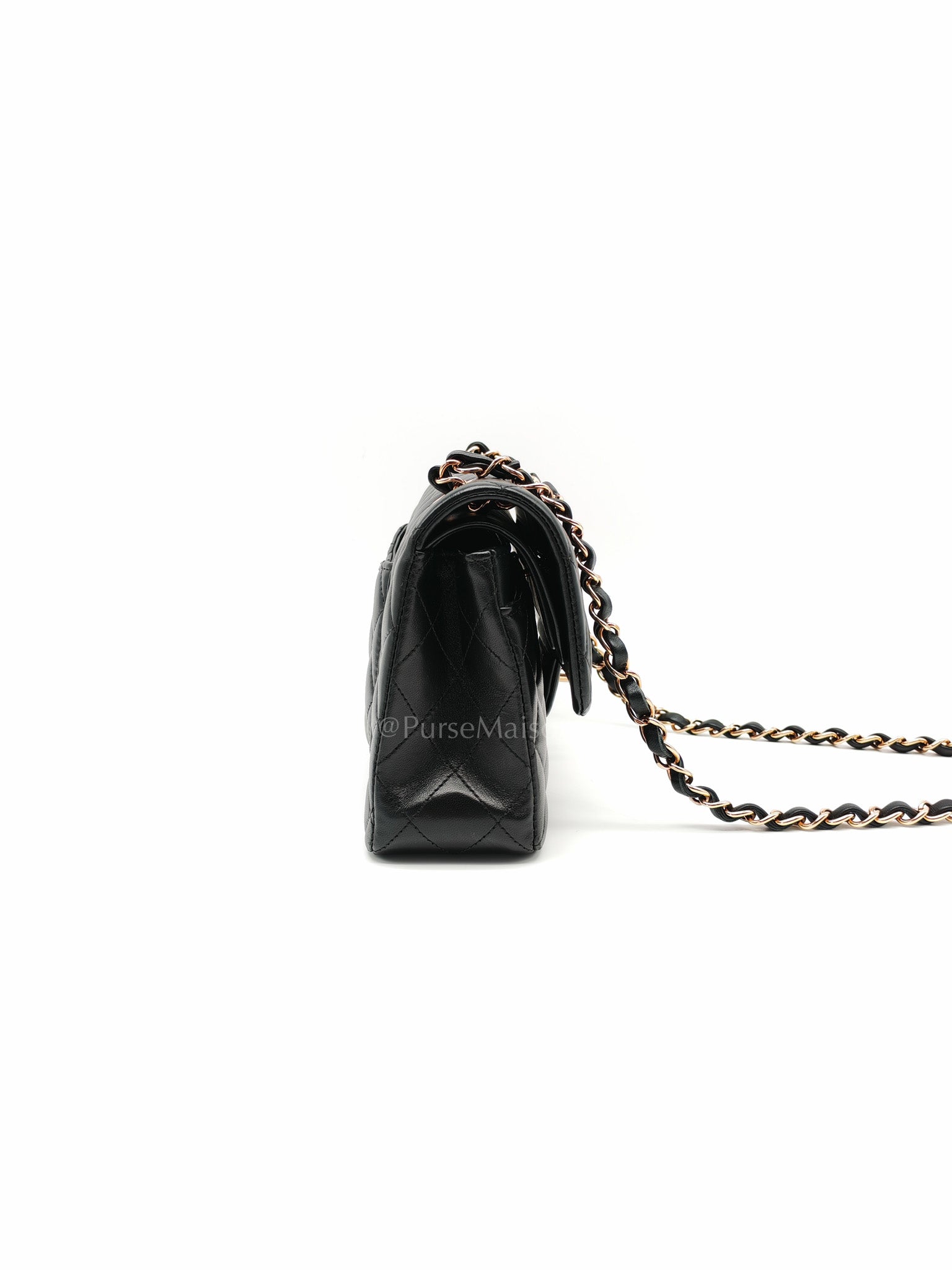 Classic Double Flap Small in Black Quilted Lambskin Leather & Rose Gold Hardware Microchip