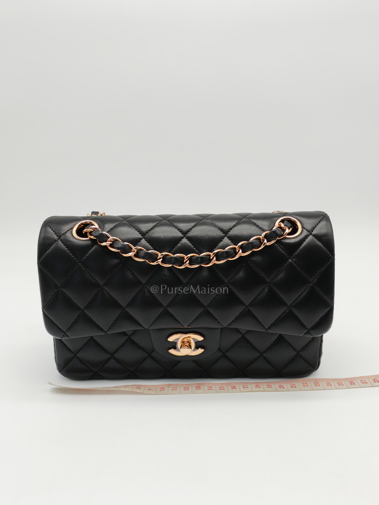 Classic Double Flap Small in Black Quilted Lambskin Leather & Rose Gold Hardware Microchip