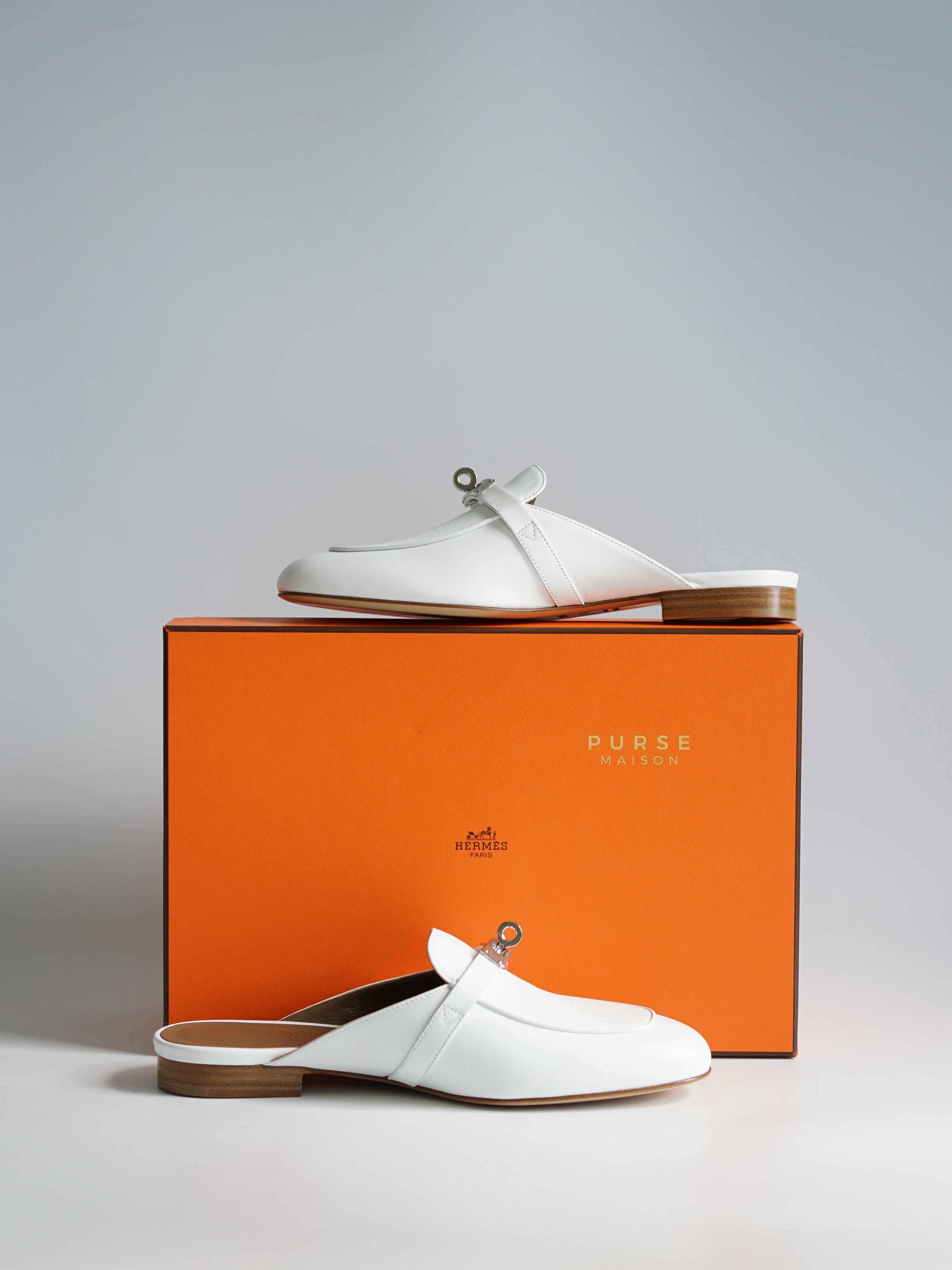 Hermes OZ Kelly White Calfskin Mules Size 37.5 EU (25.5cm) | Purse Maison Luxury Bags Shop