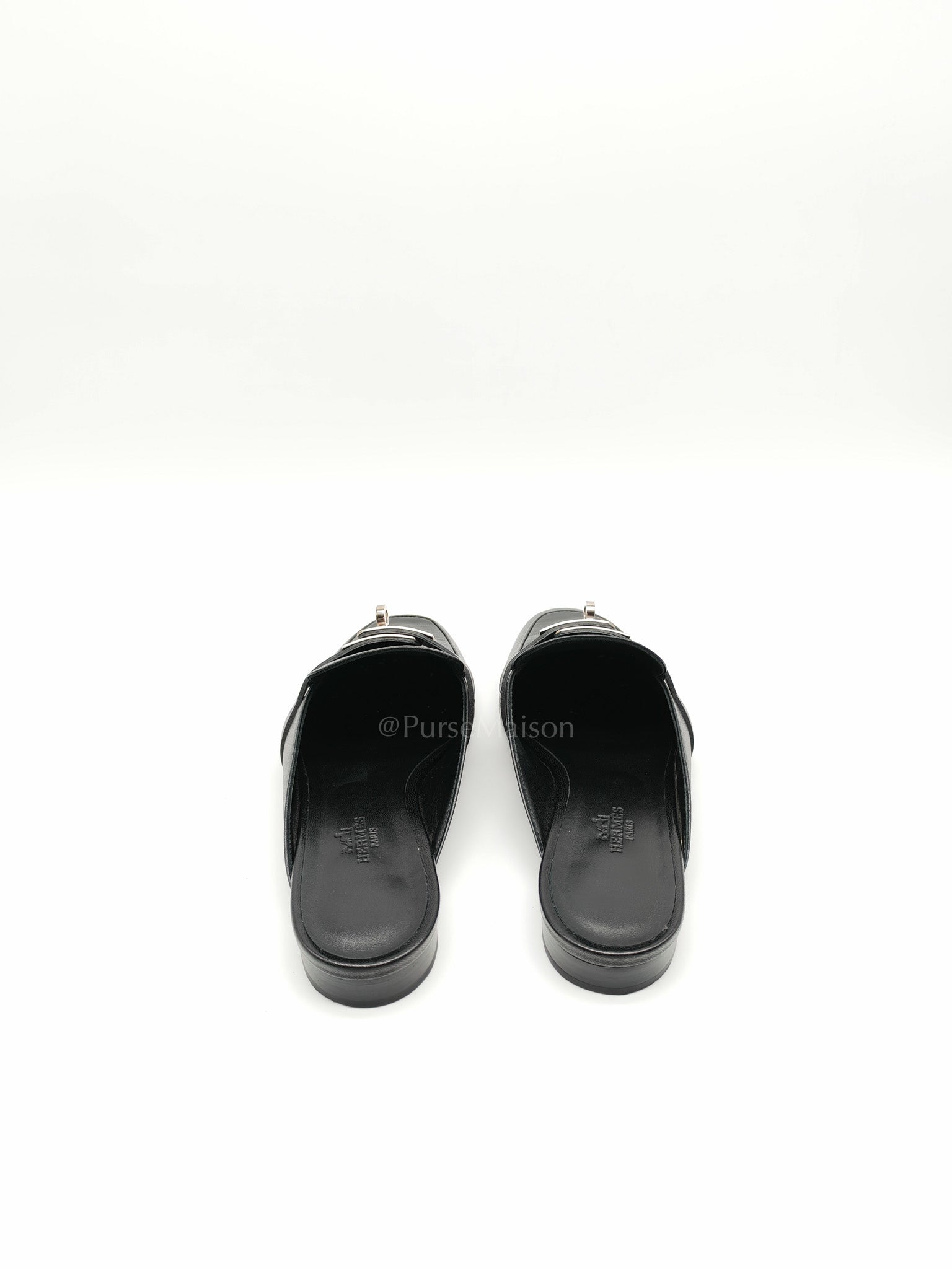 Oz Mules Black/Noir Goatskin Leather in Palladium Hardware Size 36.5 EU (24.5cm) | Purse Maison Luxury Bags Shop
