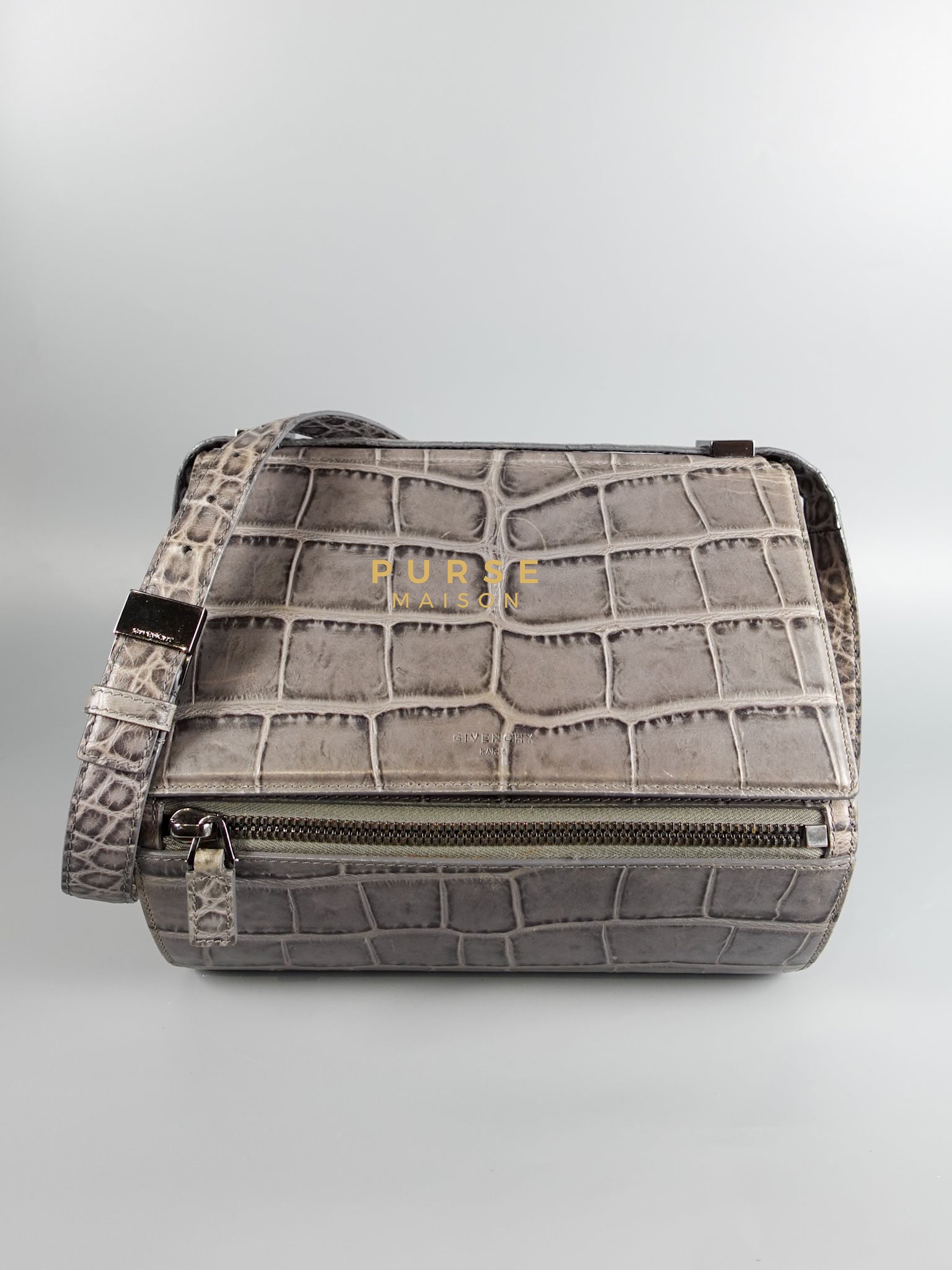 Pandora Box Medium in Grey Crocodile-Embossed Calfskin Leather | Purse Maison Luxury Bags Shop