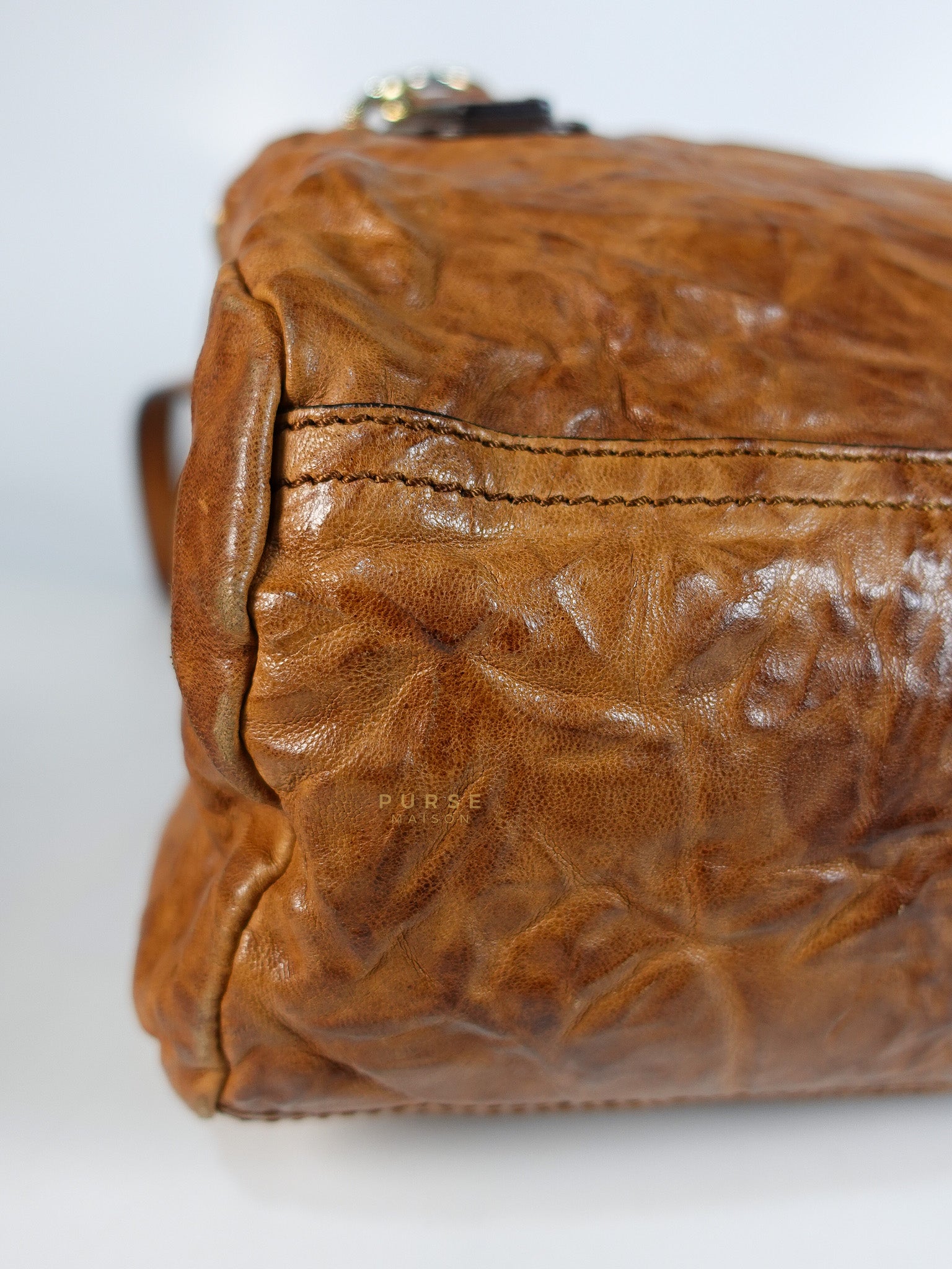Pandora Medium Bag in Brown Crinkled Sheepskin Leather & Gold Hardware | Purse Maison Luxury Bags Shop