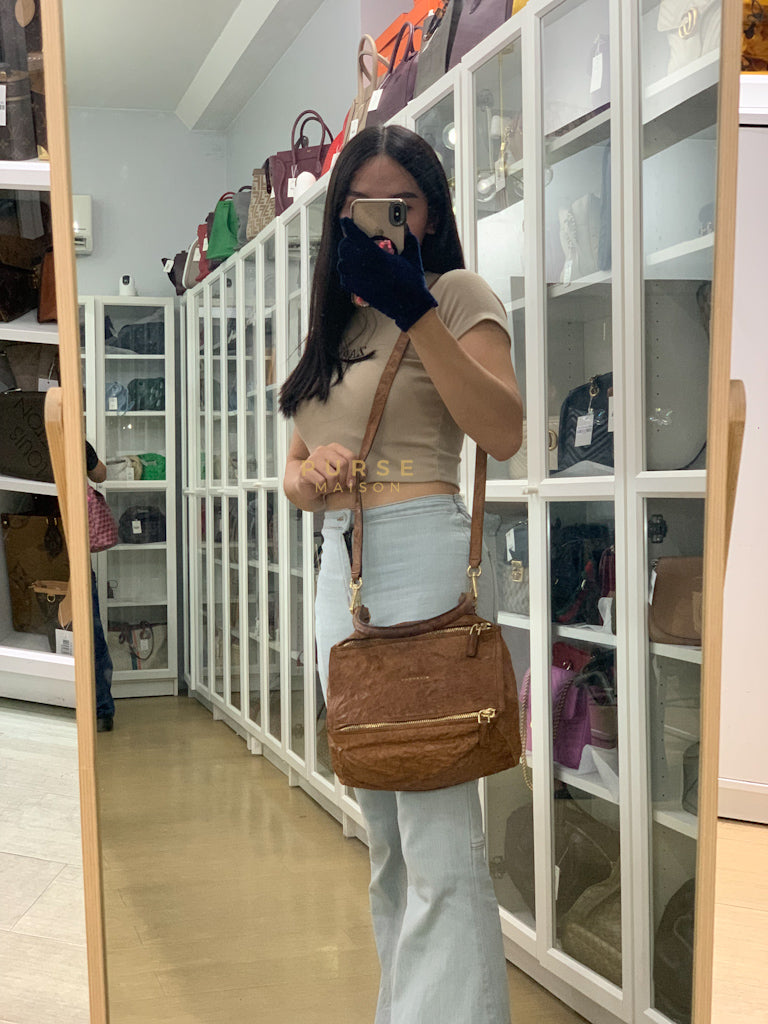 Pandora Medium Bag in Brown Crinkled Sheepskin Leather & Gold Hardware | Purse Maison Luxury Bags Shop