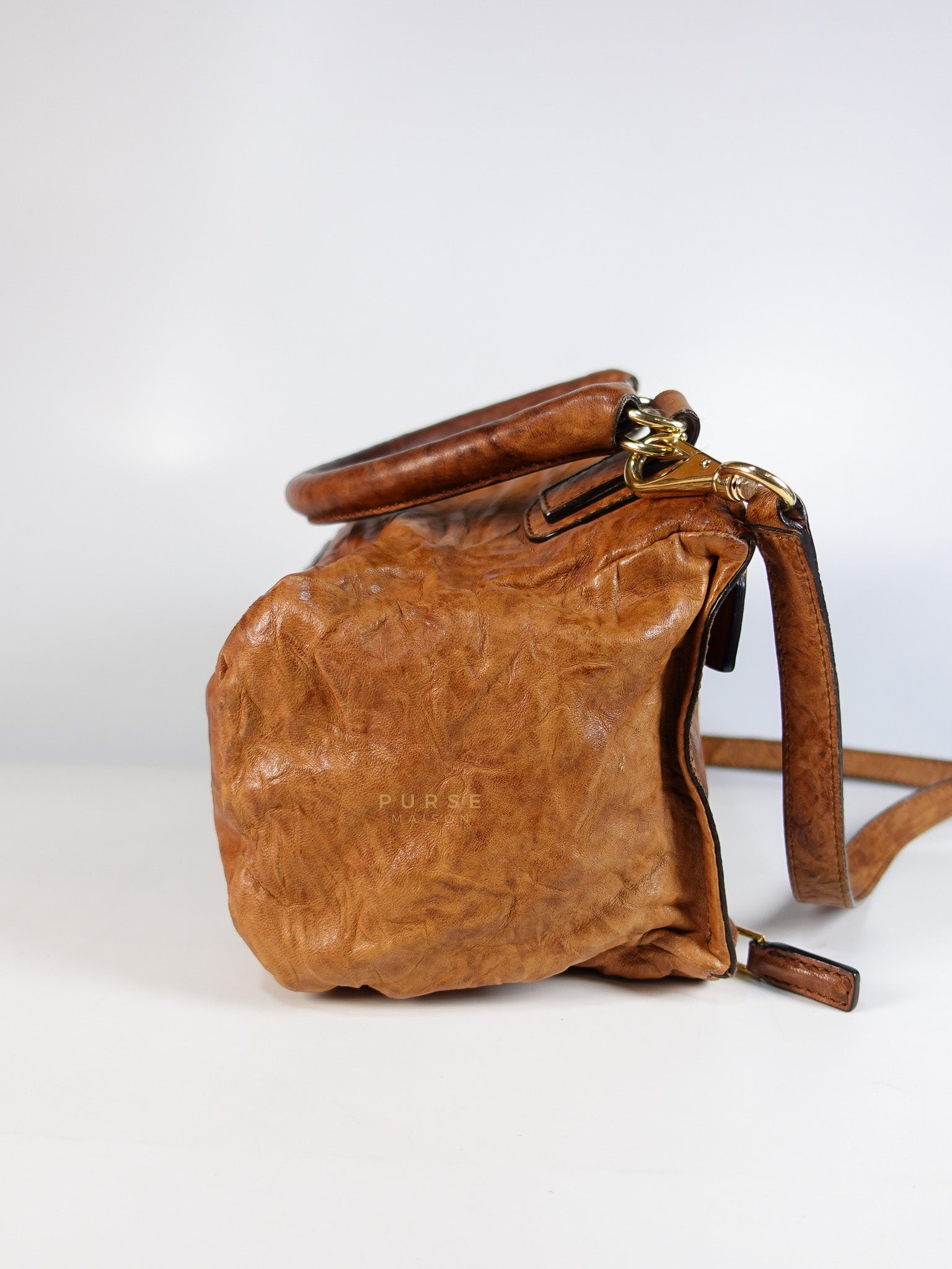 Pandora Medium Bag in Brown Crinkled Sheepskin Leather & Gold Hardware | Purse Maison Luxury Bags Shop
