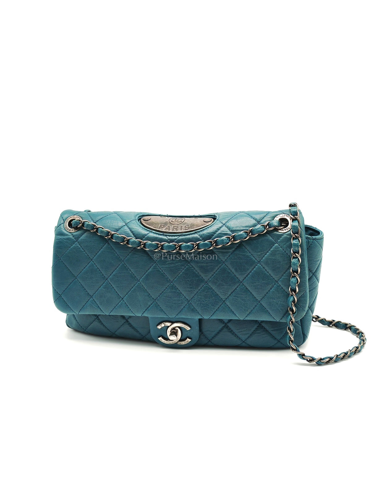 Paris Dallas CC Double Flap in Turquoise Quilted Calfskin Leather Ruthenium Hardware (Series 19) | Purse Maison Luxury Bags Shop