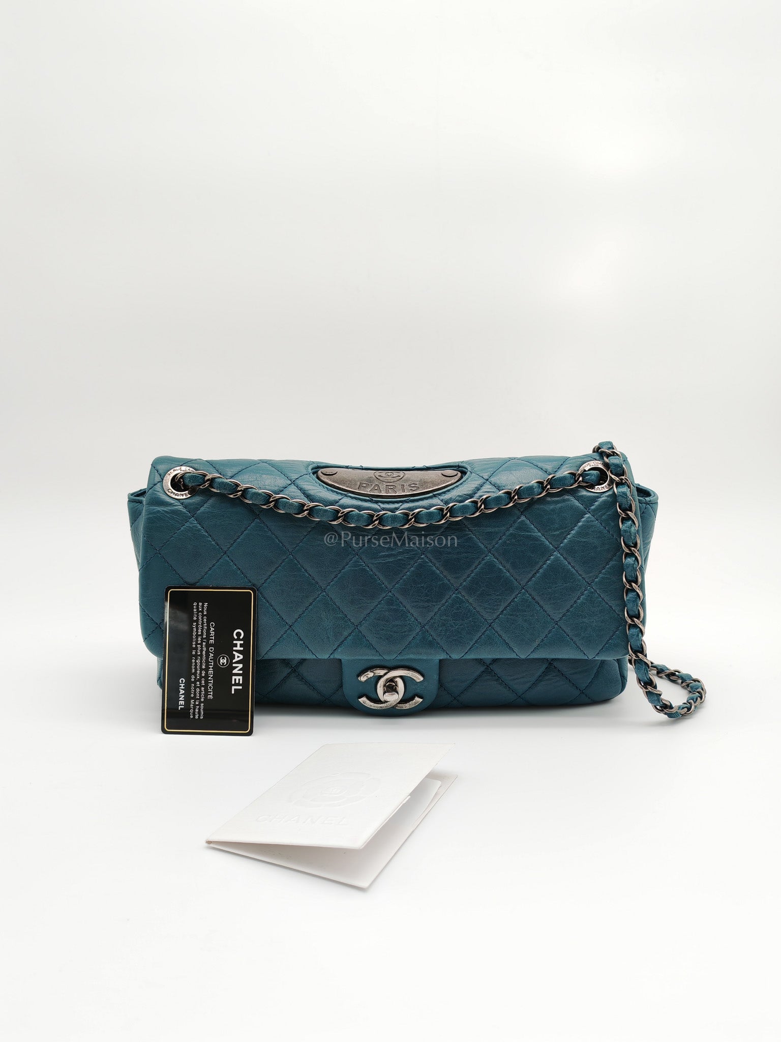 Paris Dallas CC Double Flap in Turquoise Quilted Calfskin Leather Ruthenium Hardware (Series 19) | Purse Maison Luxury Bags Shop
