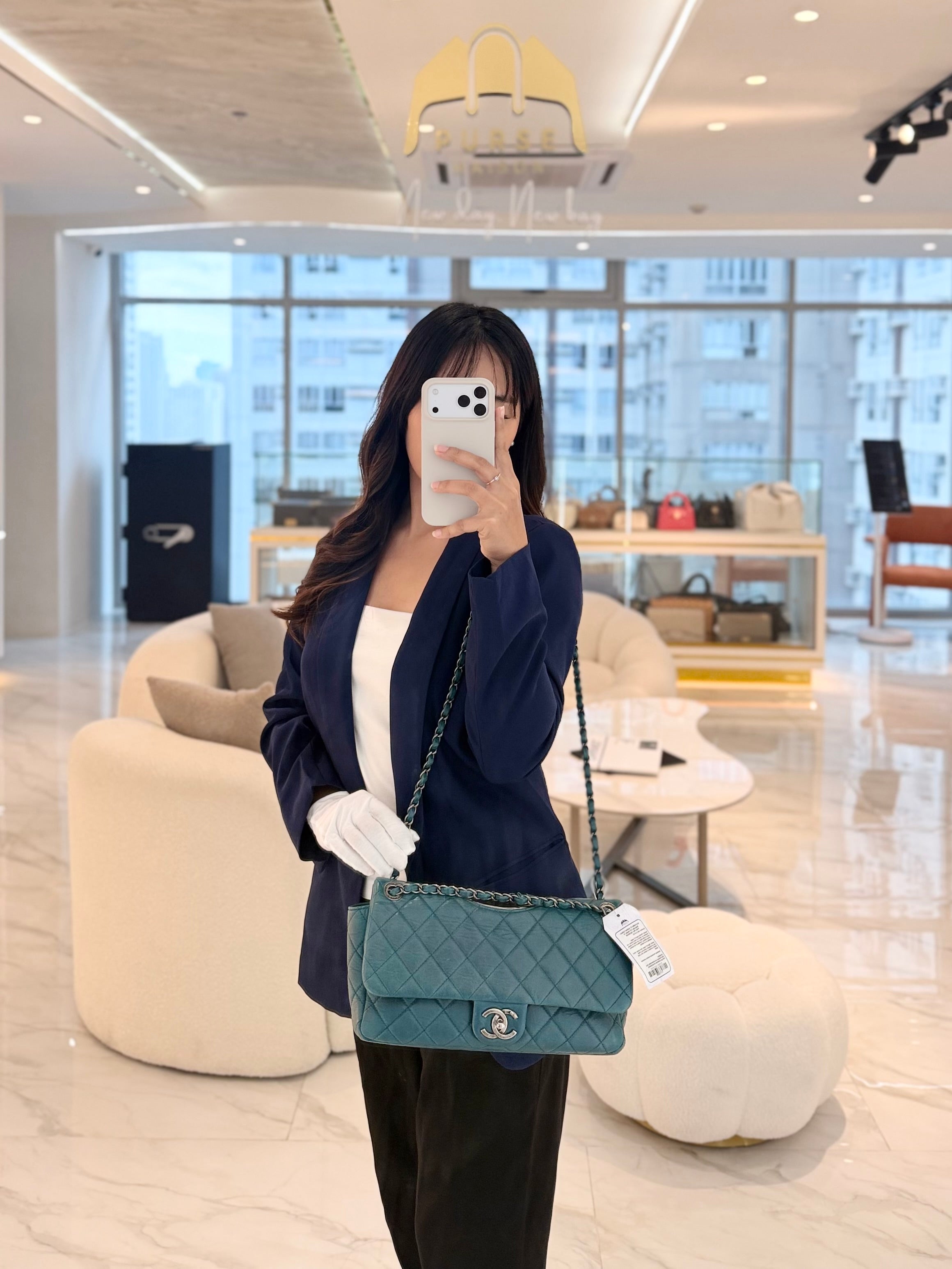 Paris Dallas CC Double Flap in Turquoise Quilted Calfskin Leather Ruthenium Hardware (Series 19) | Purse Maison Luxury Bags Shop