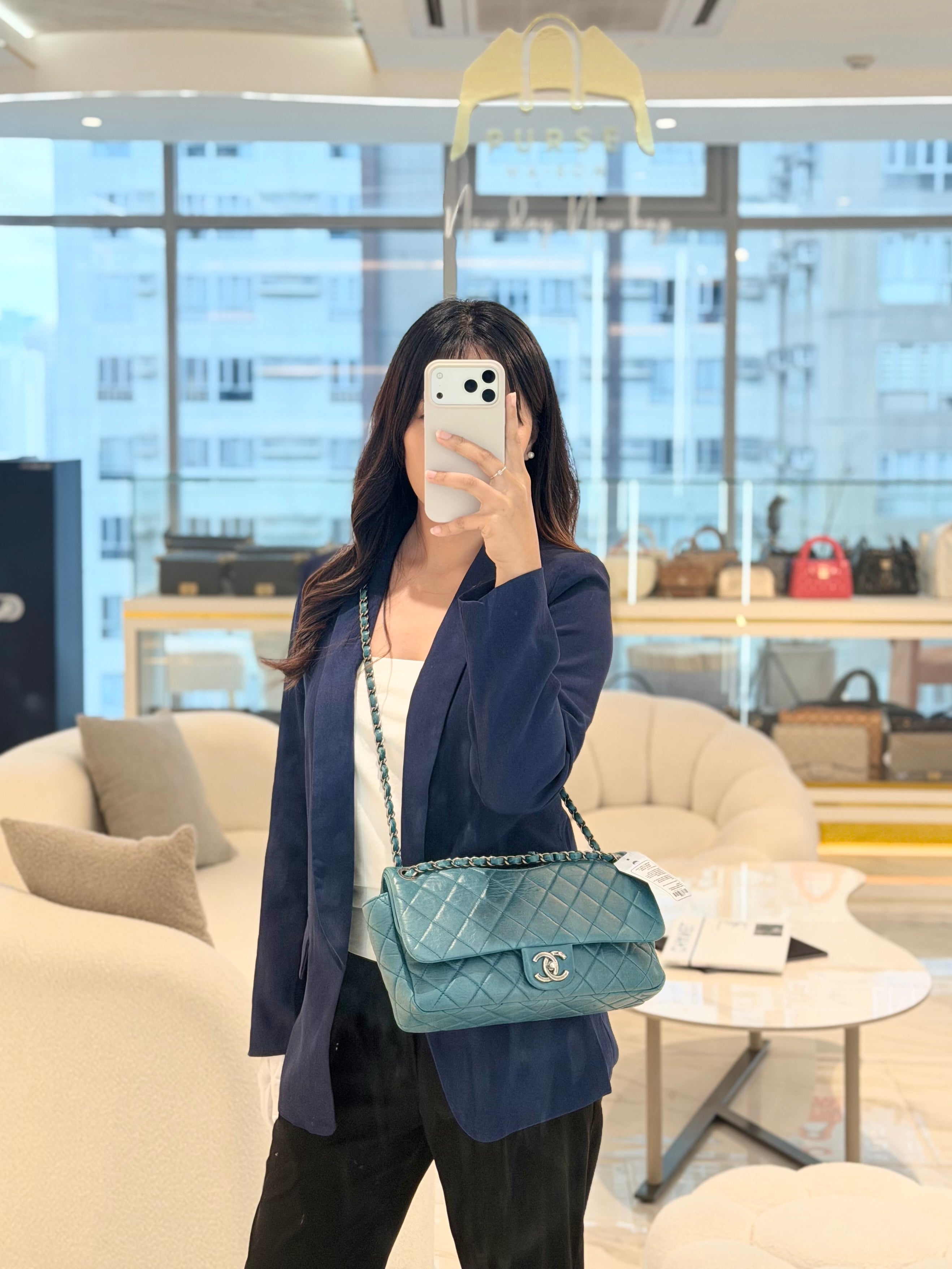 Paris Dallas CC Double Flap in Turquoise Quilted Calfskin Leather Ruthenium Hardware (Series 19) | Purse Maison Luxury Bags Shop