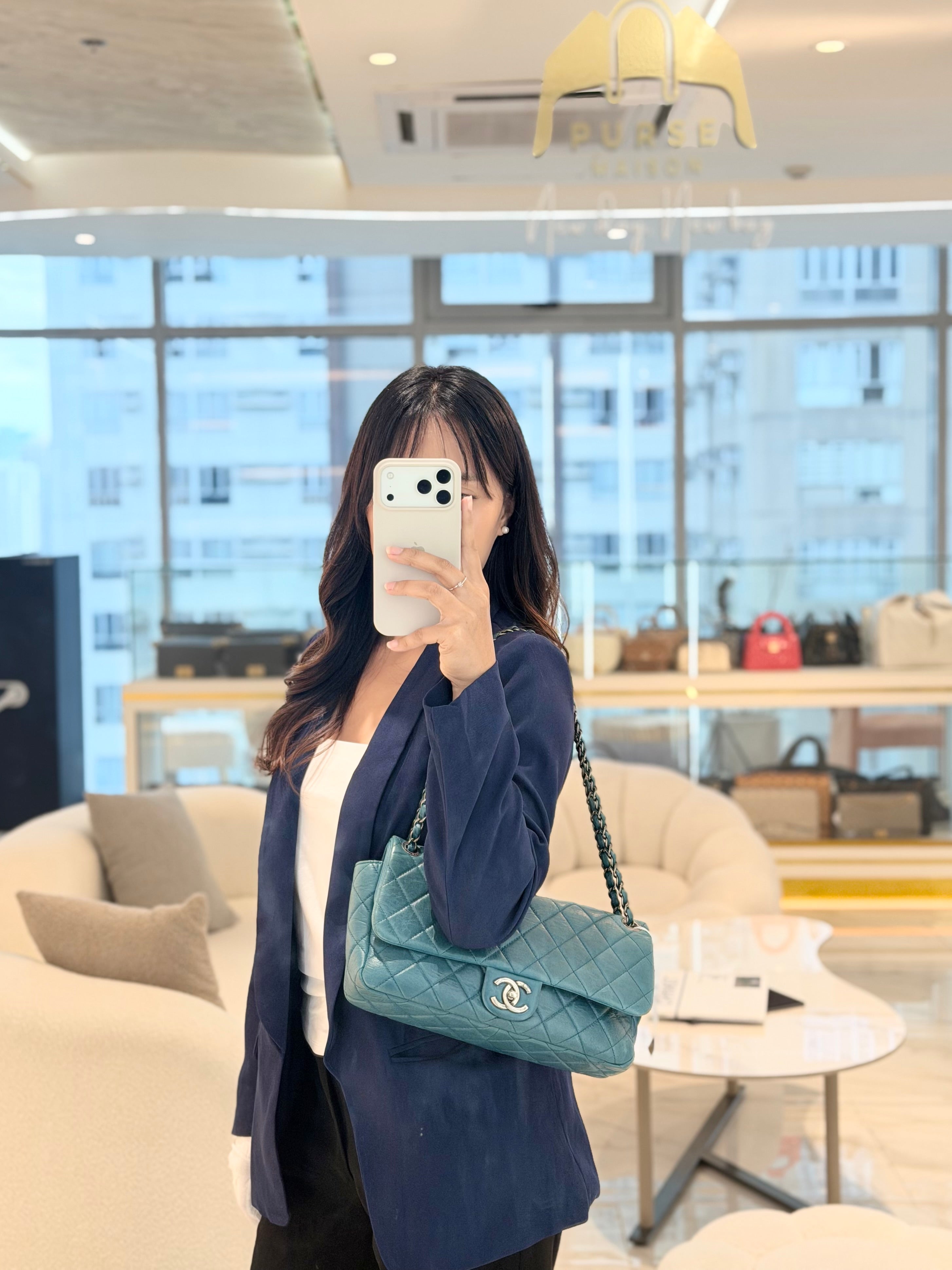 Paris Dallas CC Double Flap in Turquoise Quilted Calfskin Leather Ruthenium Hardware (Series 19) | Purse Maison Luxury Bags Shop