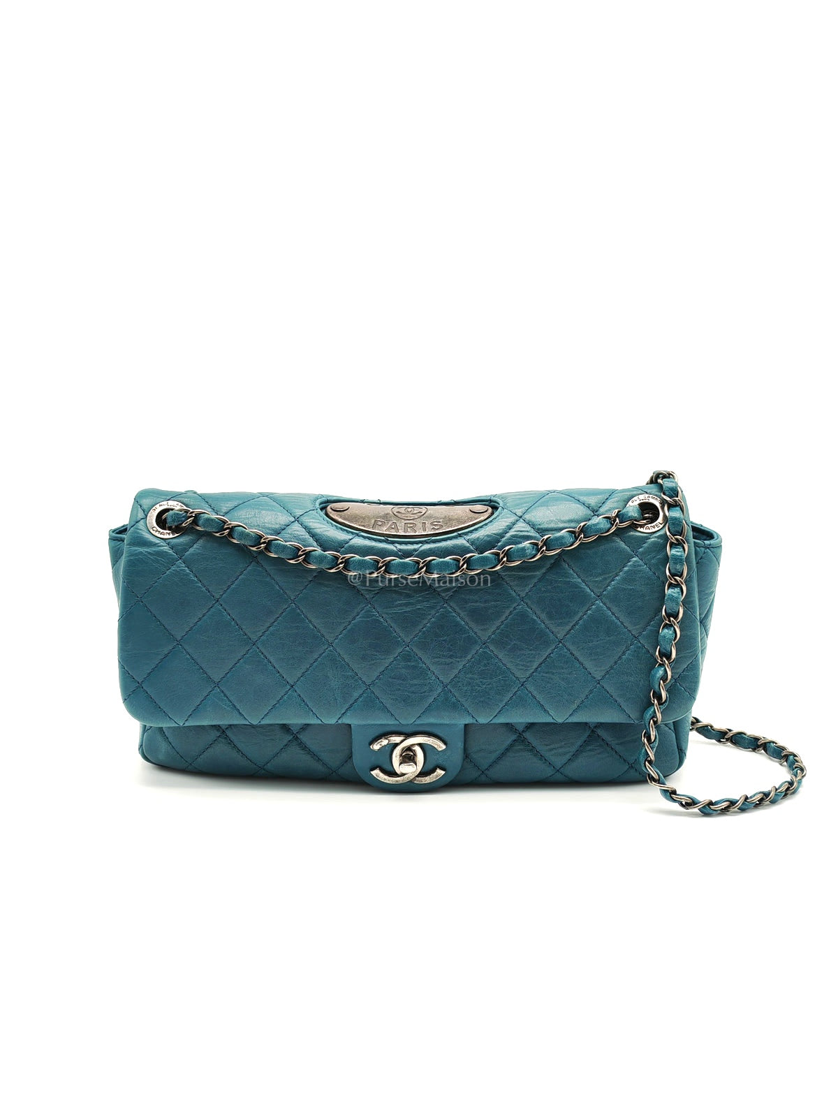 Paris Dallas CC Double Flap in Turquoise Quilted Calfskin Leather Ruthenium Hardware (Series 19) | Purse Maison Luxury Bags Shop