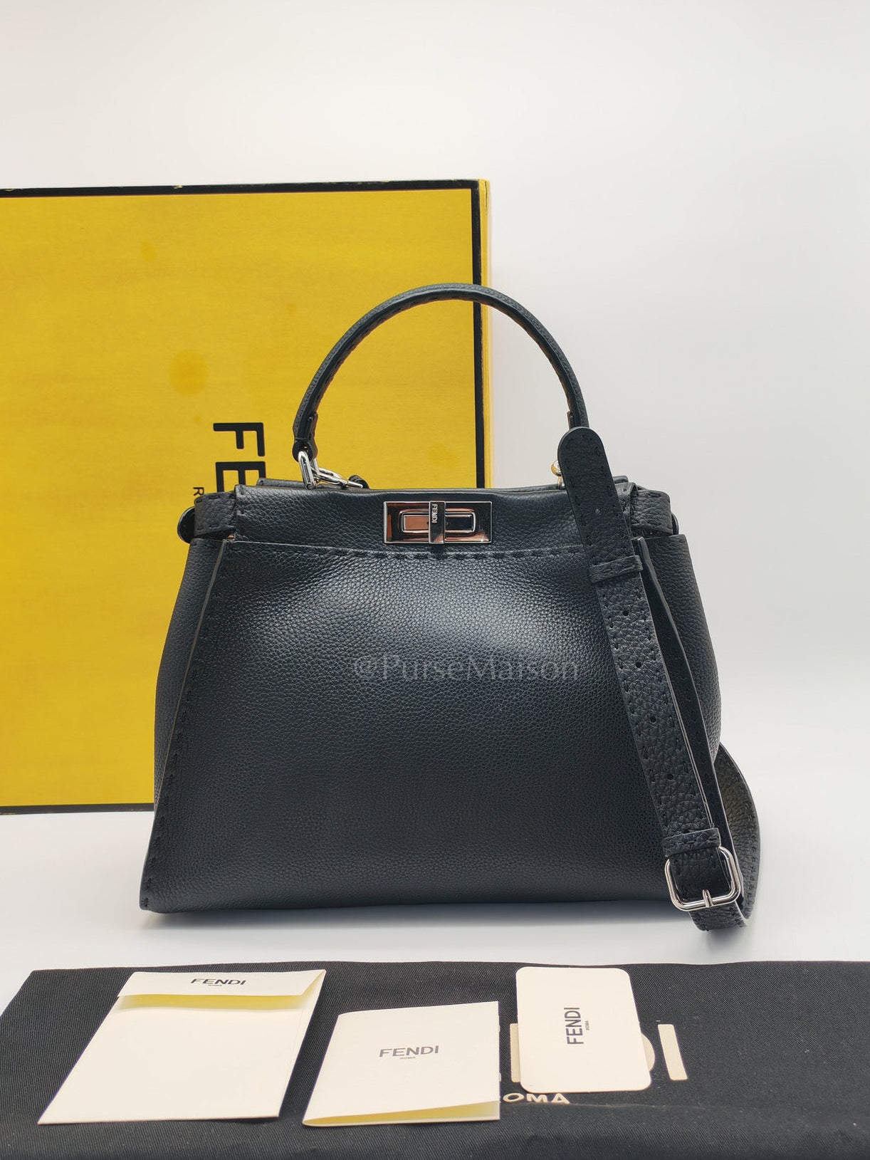 Fendi Peekaboo Medium in Black Grained Leather Silver Hardware