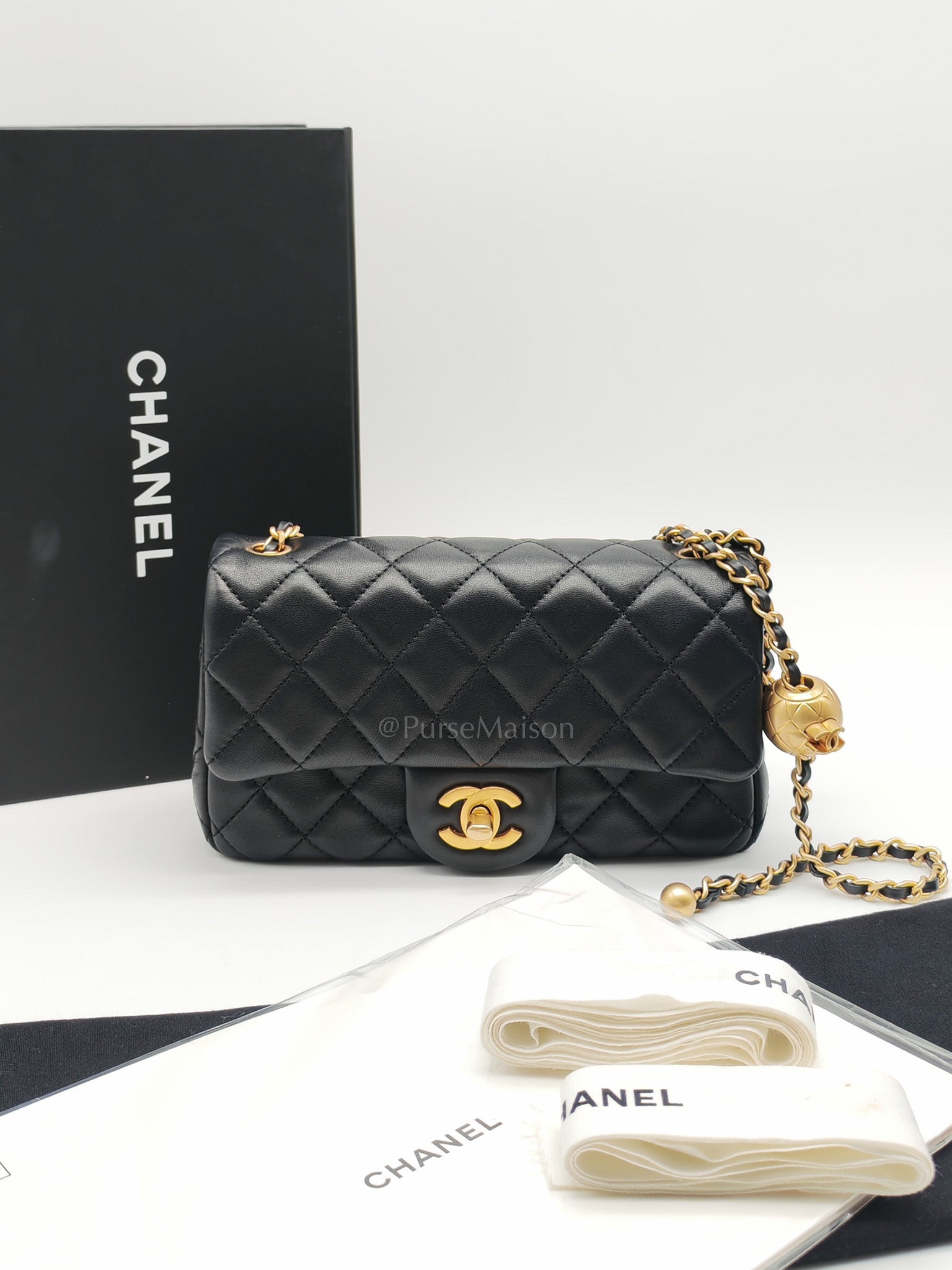 Mini Rectangle Pearl Crush in Black Lambskin Leather & Aged Gold Hardware Microchip
