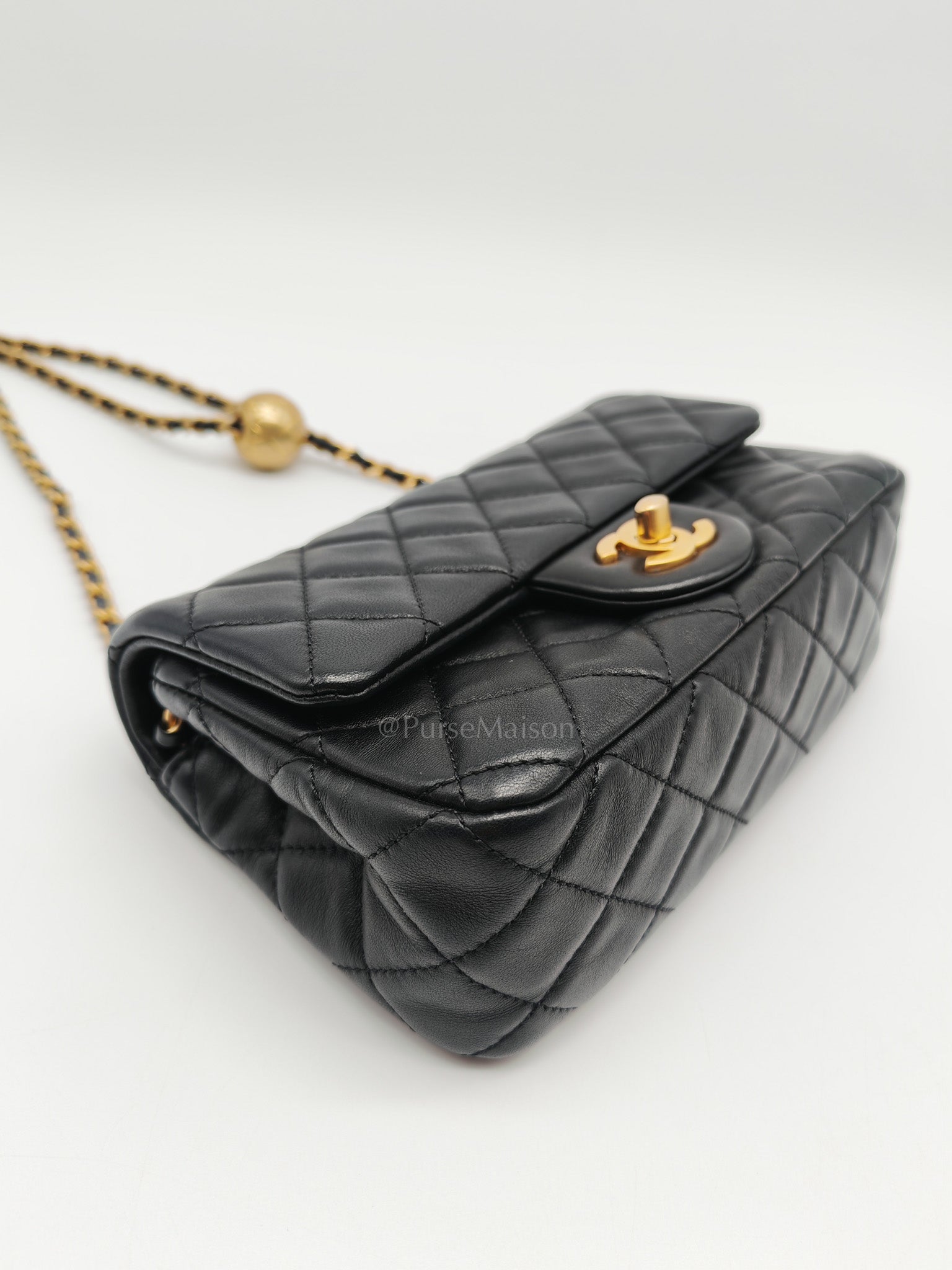 Mini Rectangle Pearl Crush in Black Lambskin Leather & Aged Gold Hardware Microchip