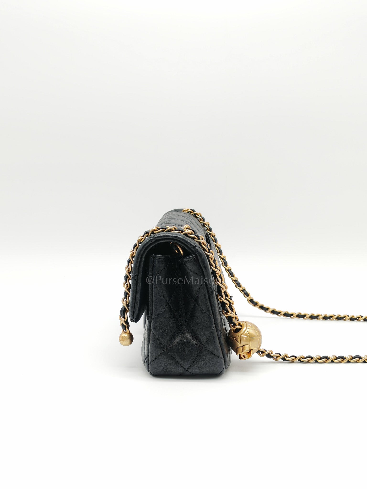 Mini Rectangle Pearl Crush in Black Lambskin Leather & Aged Gold Hardware Microchip