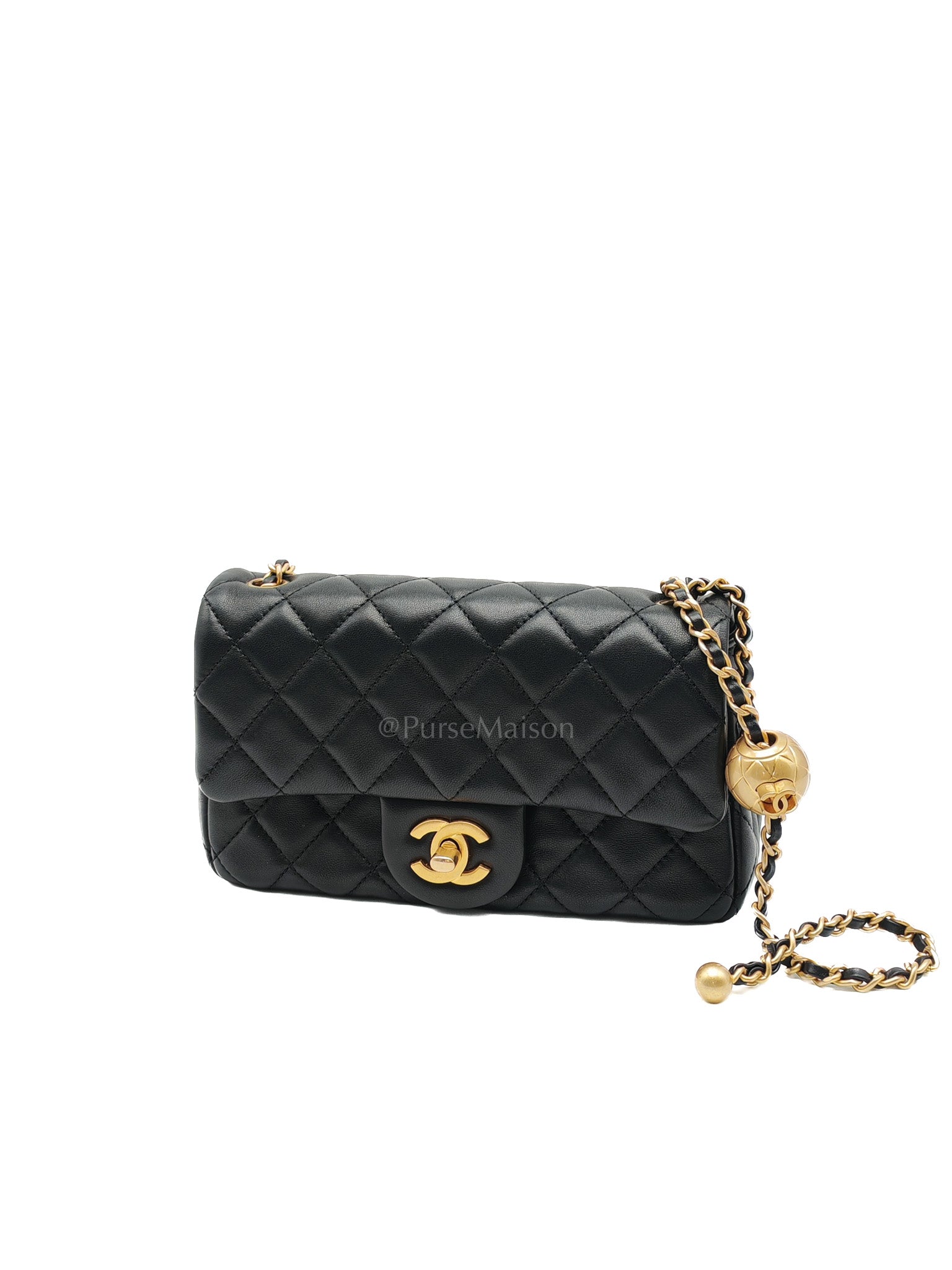 Mini Rectangle Pearl Crush in Black Lambskin Leather & Aged Gold Hardware Microchip