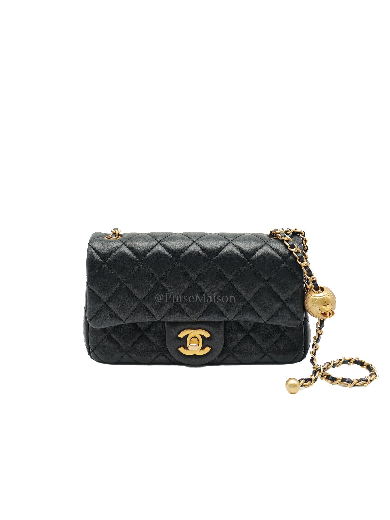 Mini Rectangle Pearl Crush in Black Lambskin Leather & Aged Gold Hardware Microchip