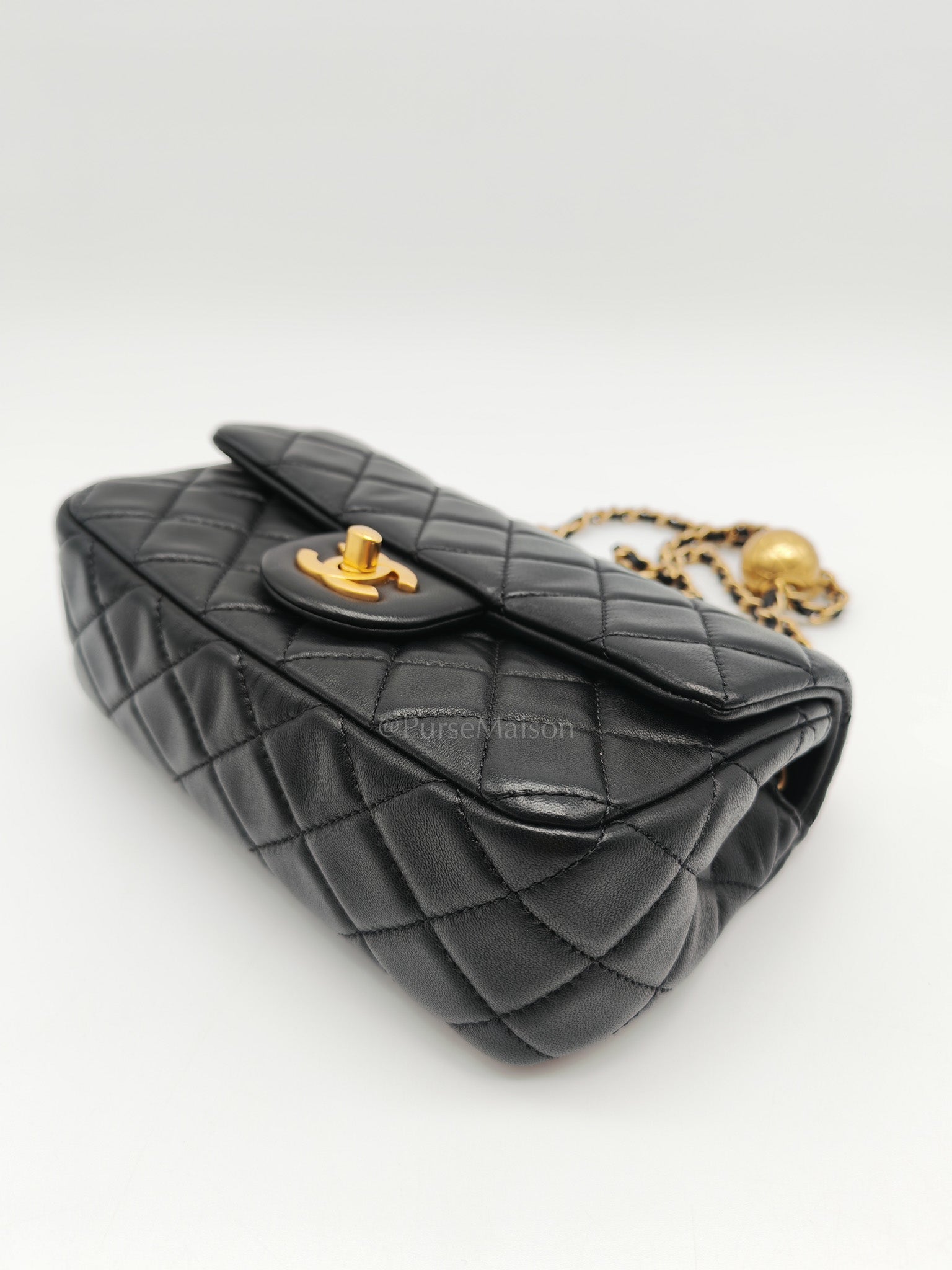 Mini Rectangle Pearl Crush in Black Lambskin Leather & Aged Gold Hardware (Microchip)