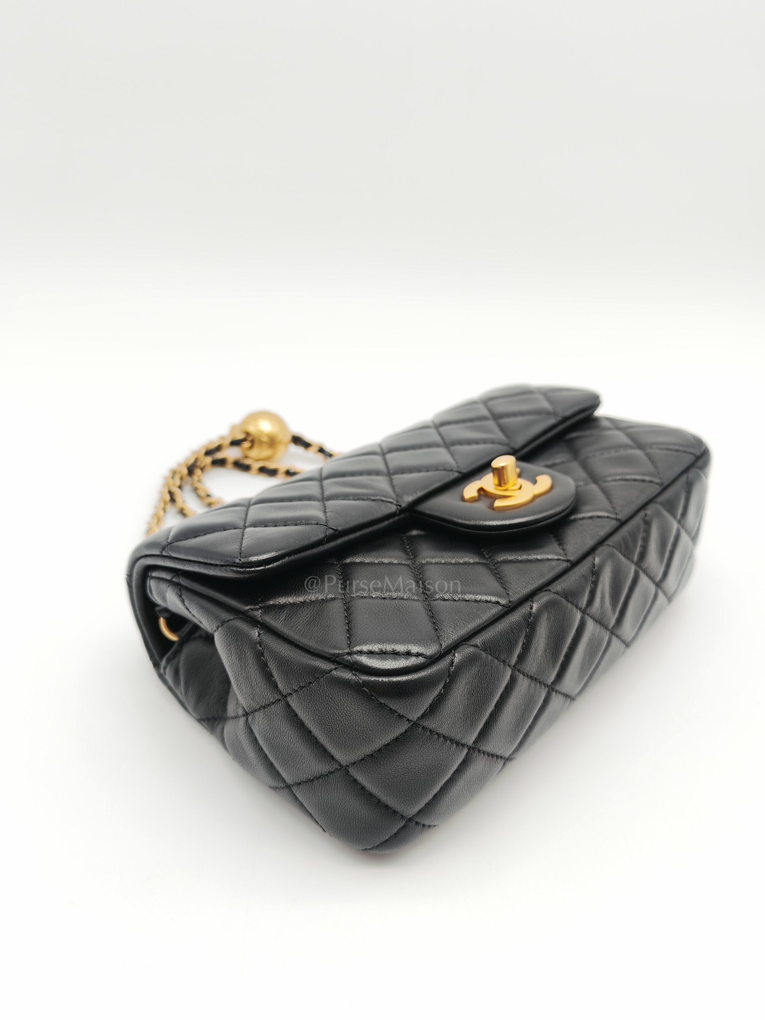 Mini Rectangle Pearl Crush in Black Lambskin Leather & Aged Gold Hardware (Microchip)