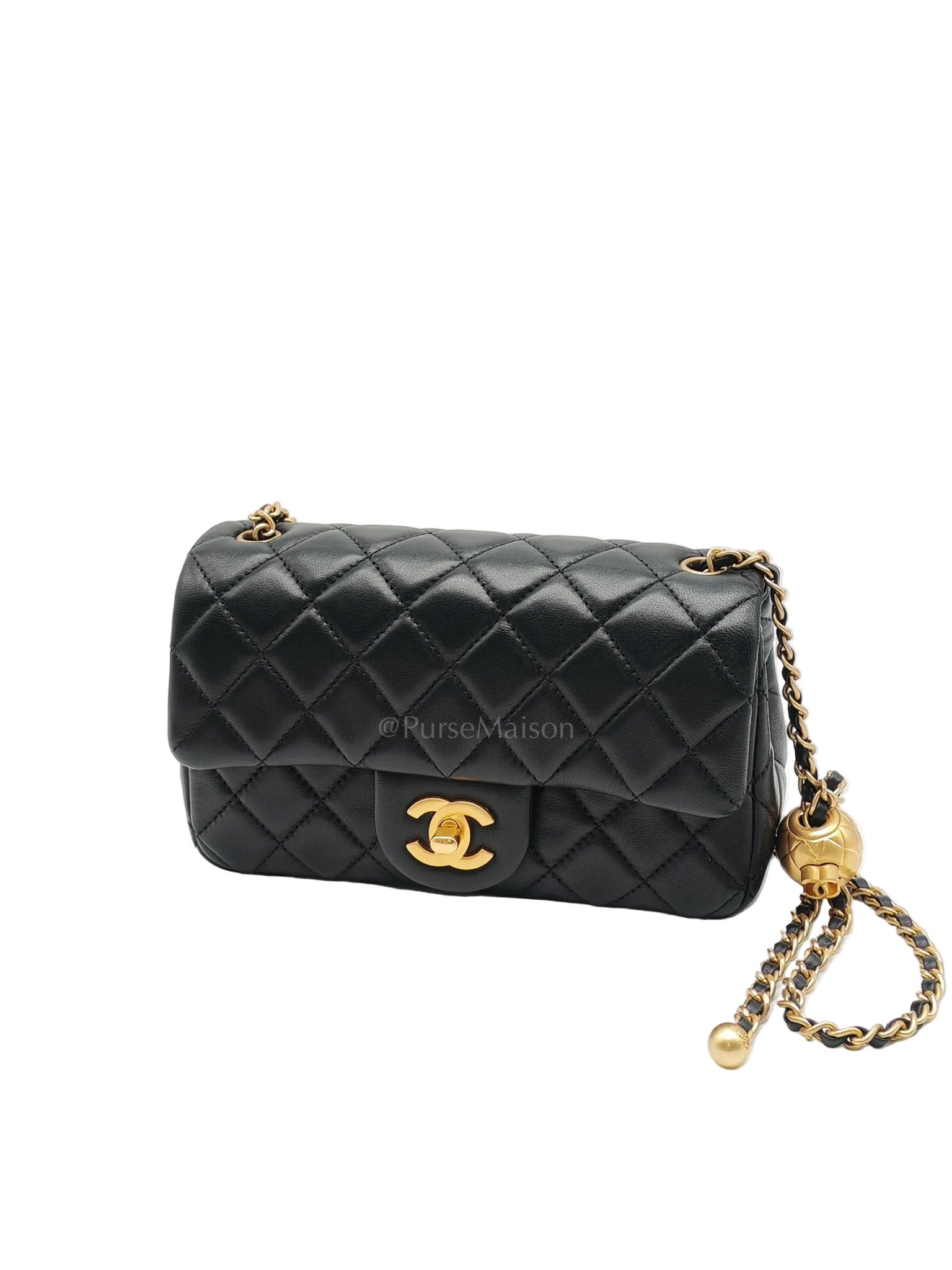 Mini Rectangle Pearl Crush in Black Lambskin Leather & Aged Gold Hardware (Microchip)