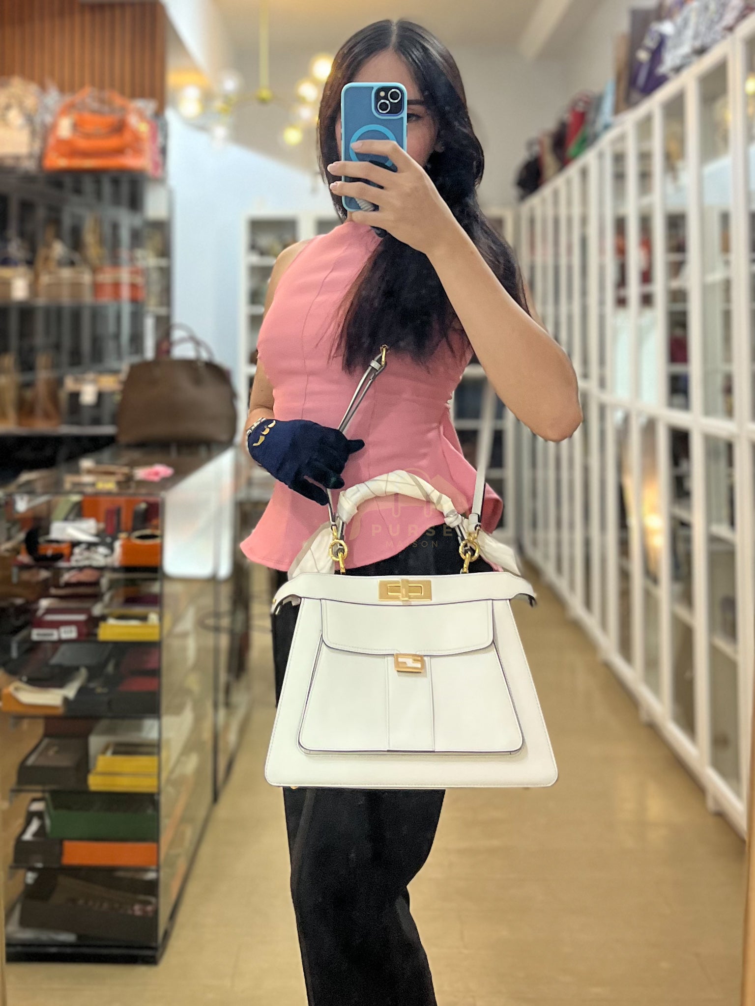 Peekaboo ISeeU Pochette Medium in White Calfskin Leather | Purse Maison Luxury Bags Shop