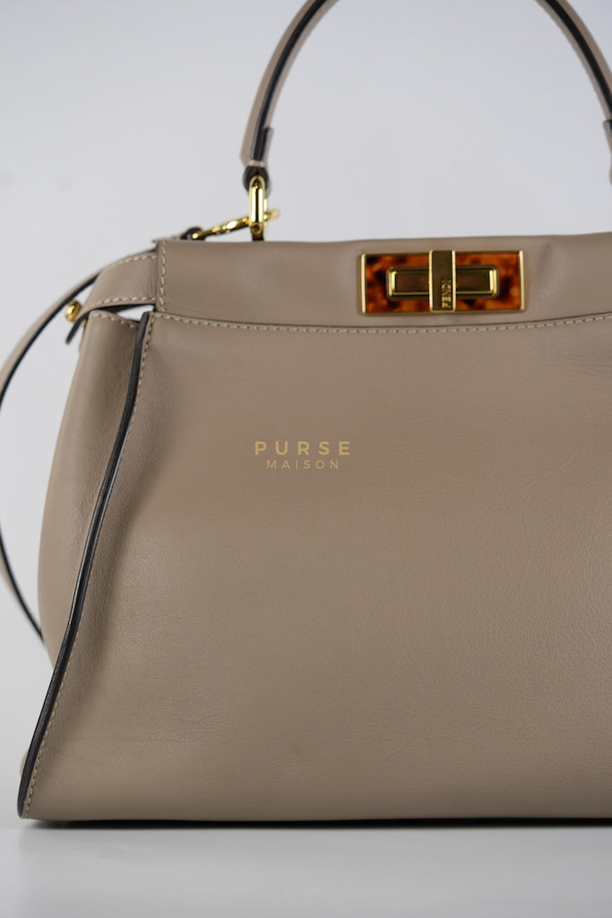 Peekaboo Medium Two-Way Bag in Taupe Calfskin Leather & Gold Hardware | Purse Maison Luxury Bags Shop