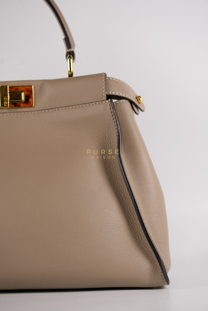 Peekaboo Medium Two-Way Bag in Taupe Calfskin Leather & Gold Hardware | Purse Maison Luxury Bags Shop