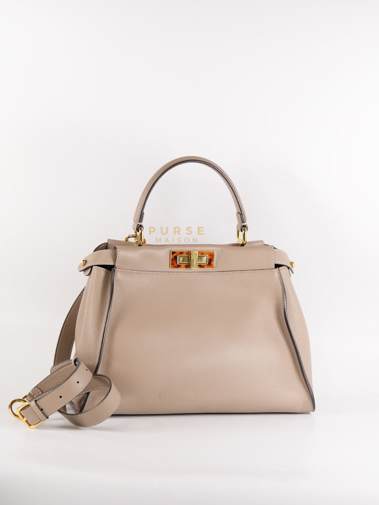 Peekaboo Medium Two-Way Bag in Taupe Calfskin Leather & Gold Hardware | Purse Maison Luxury Bags Shop