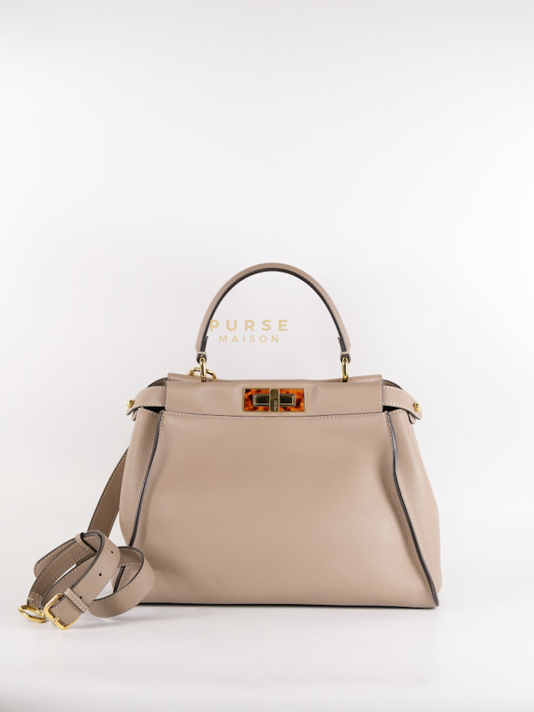 Peekaboo Medium Two-Way Bag in Taupe Calfskin Leather & Gold Hardware | Purse Maison Luxury Bags Shop