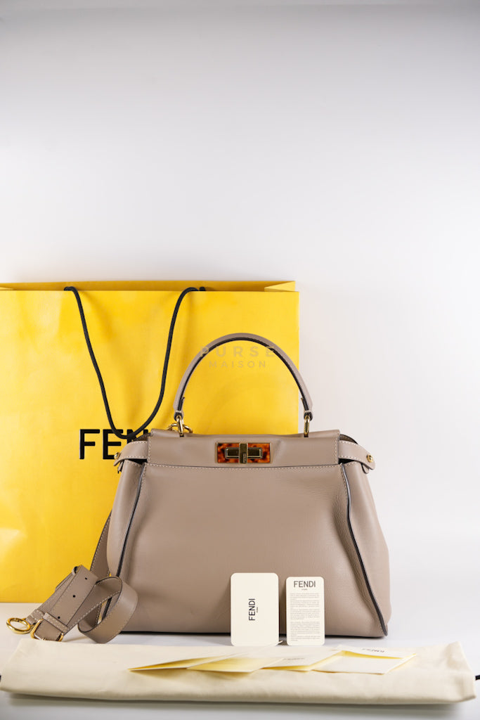 Peekaboo Medium Two-Way Bag in Taupe Calfskin Leather & Gold Hardware | Purse Maison Luxury Bags Shop