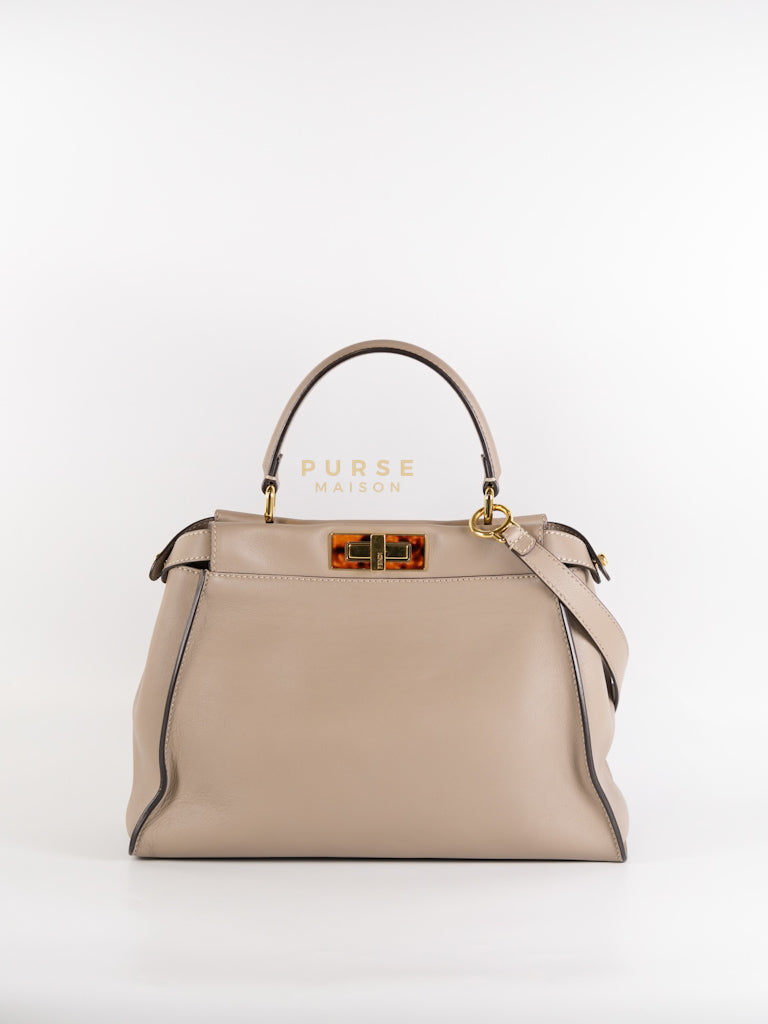 Peekaboo Medium Two-Way Bag in Taupe Calfskin Leather & Gold Hardware | Purse Maison Luxury Bags Shop