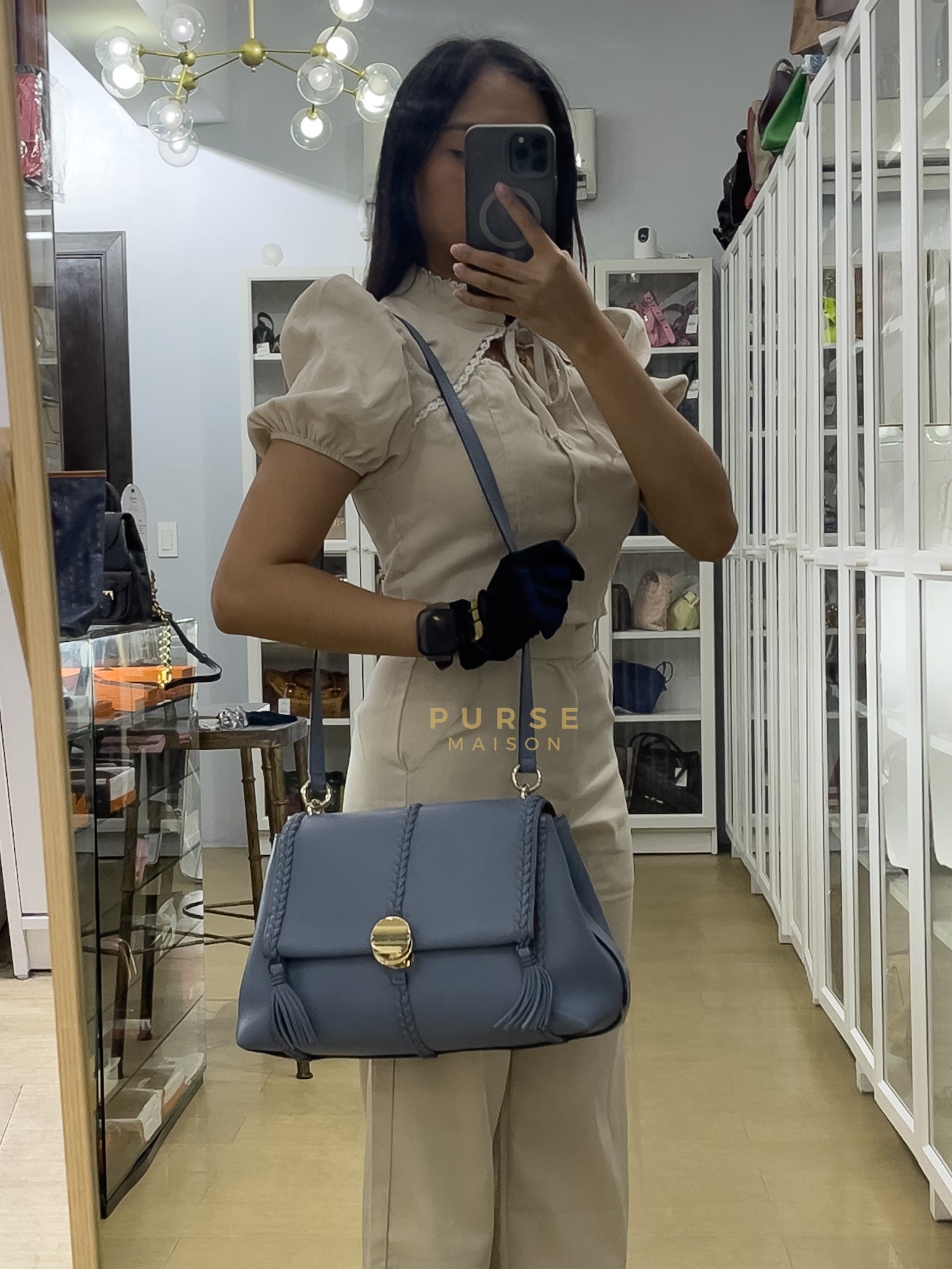 Penelope Medium in Blue-Grey Calfskin Leather Cross Body Bag | Purse Maison Luxury Bags Shop
