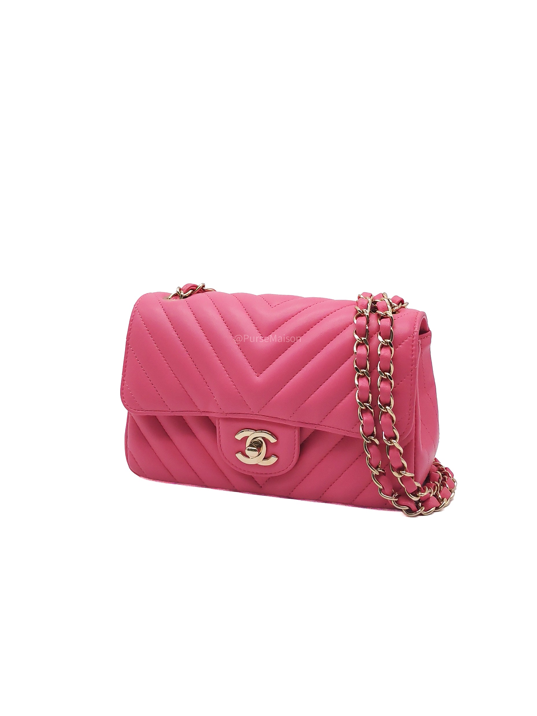 Chanel Classic Mini Rectangular Flap Bag in Pink Chevron Lambskin Leather Light Gold Hardware (Series 27)